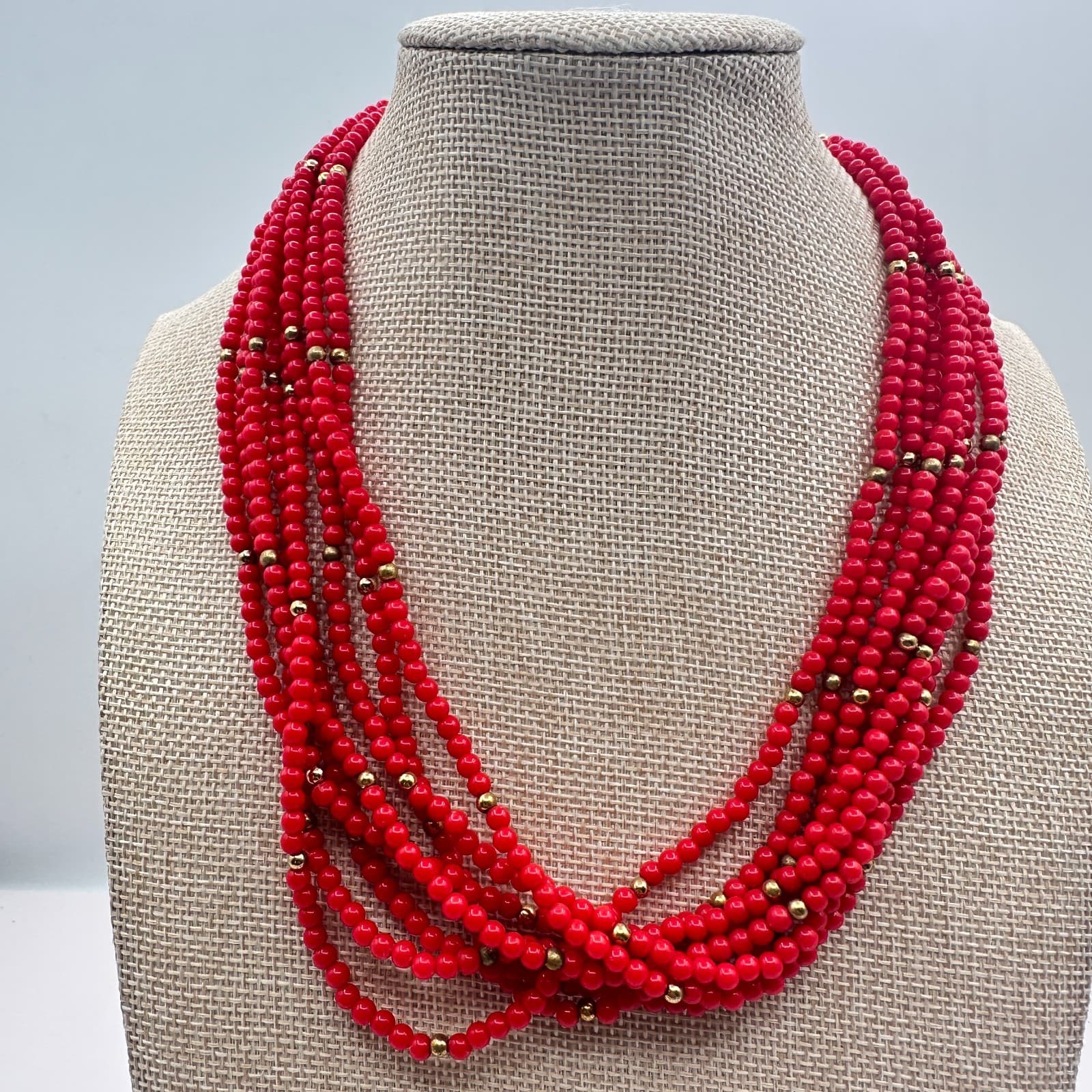 Vintage 80s Red Layered Beaded Necklace Gold Tone See Bead Statement Bib Jewelry - Thumbnail 7