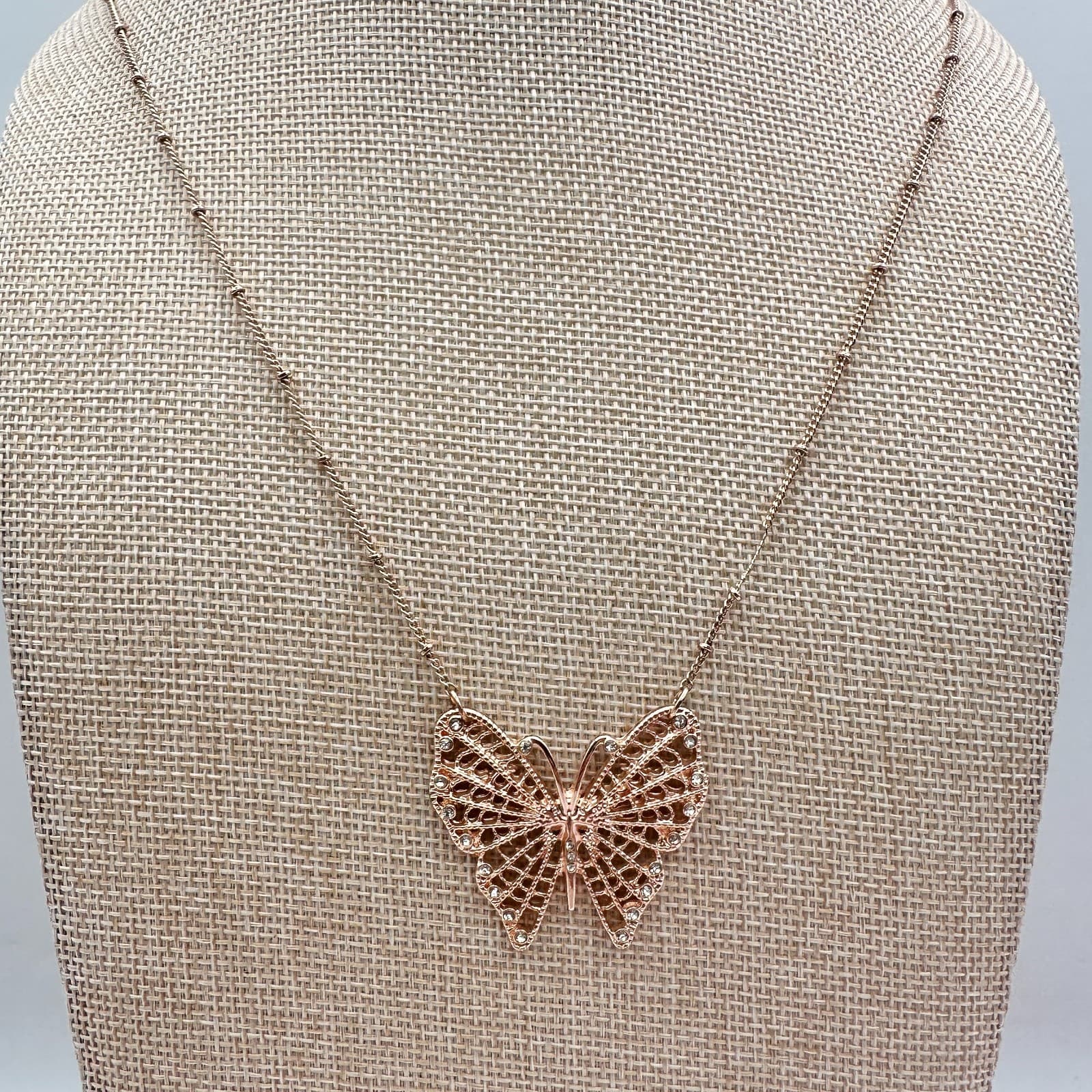 Vintage 80s Rose Gold Tone Butterfly Necklace Clear Rhinestone Statement Jewelry - Thumbnail 6
