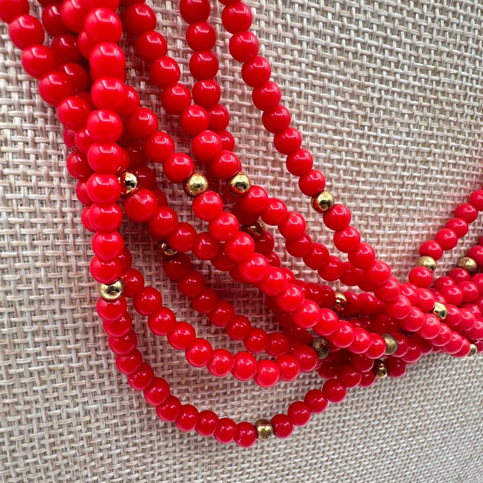 Vintage 80s Red Layered Beaded Necklace Gold Tone See Bead Statement Bib Jewelry - Thumbnail 4