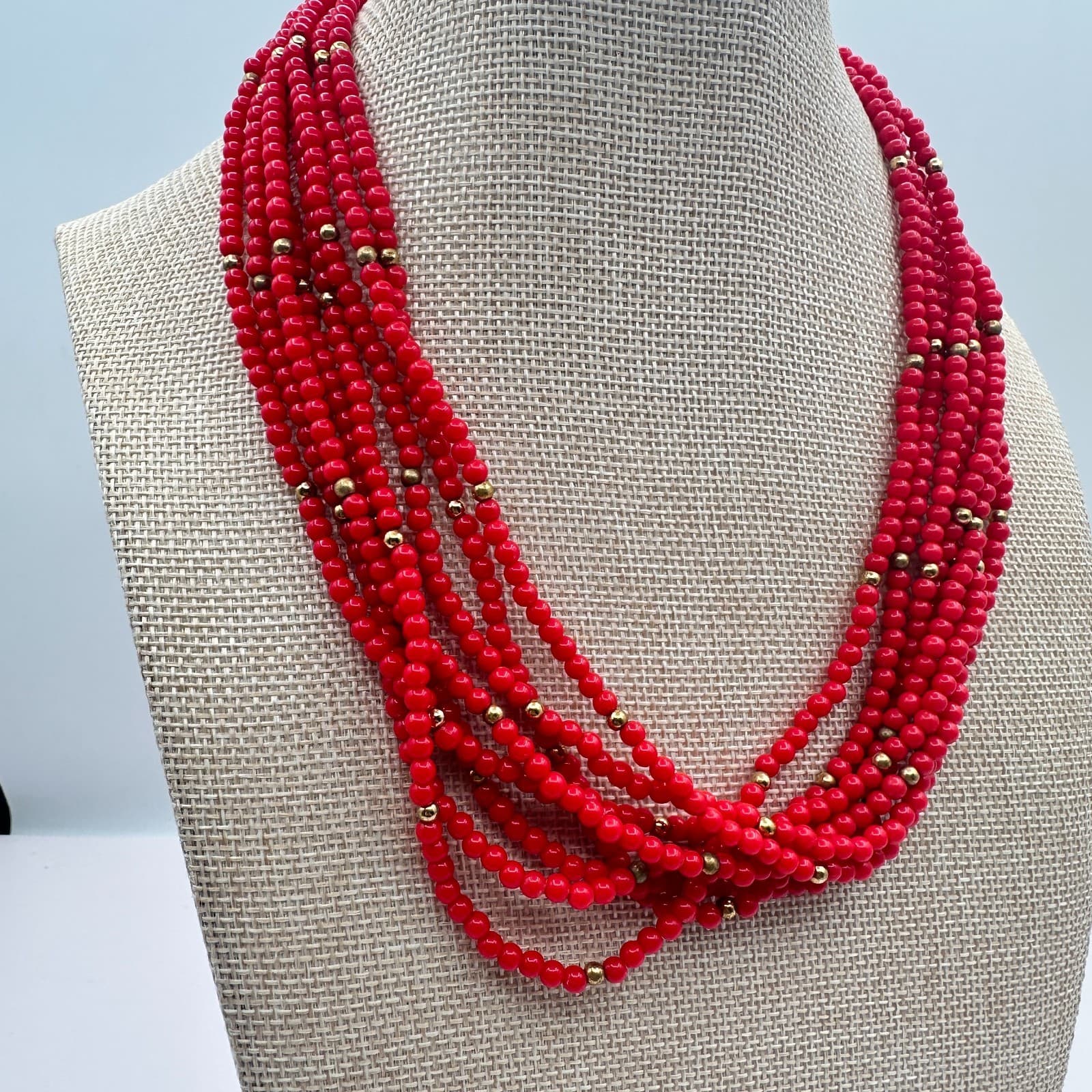 Vintage 80s Red Layered Beaded Necklace Gold Tone See Bead Statement Bib Jewelry - Thumbnail 5