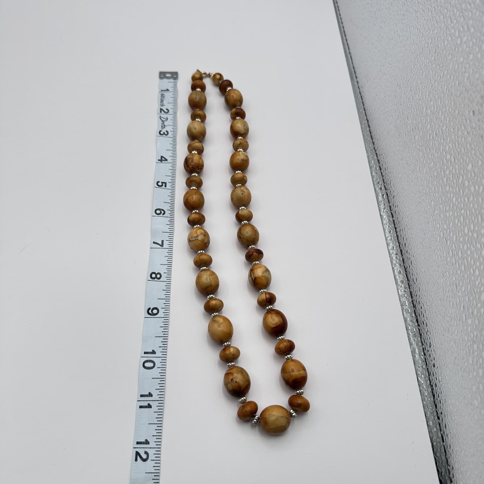 Vintage 70s Butterscotch Jasper Silver Tone Beaded Necklace Statement Jewelry - Thumbnail 2