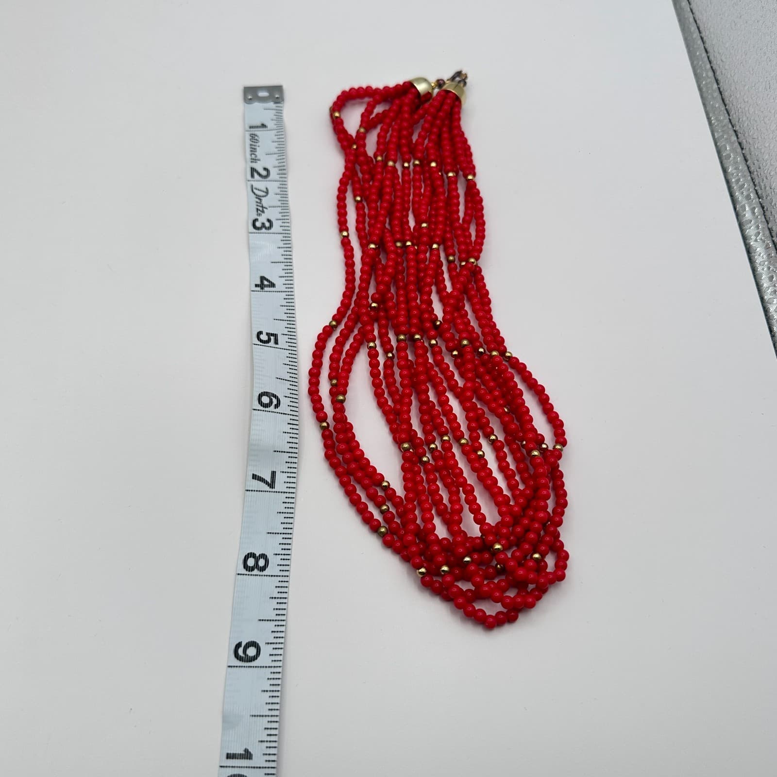 Vintage 80s Red Layered Beaded Necklace Gold Tone See Bead Statement Bib Jewelry - Thumbnail 9