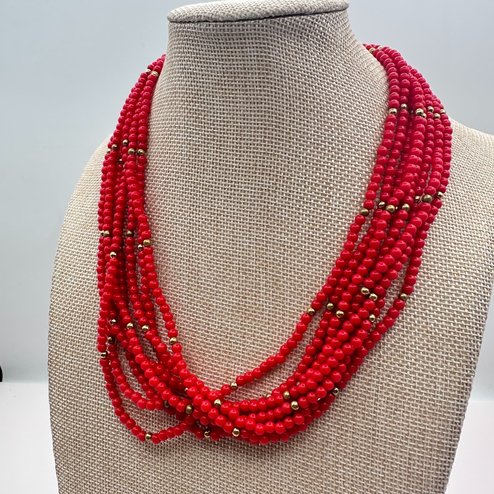 Vintage 80s Red Layered Beaded Necklace Gold Tone See Bead Statement Bib Jewelry - Thumbnail 6