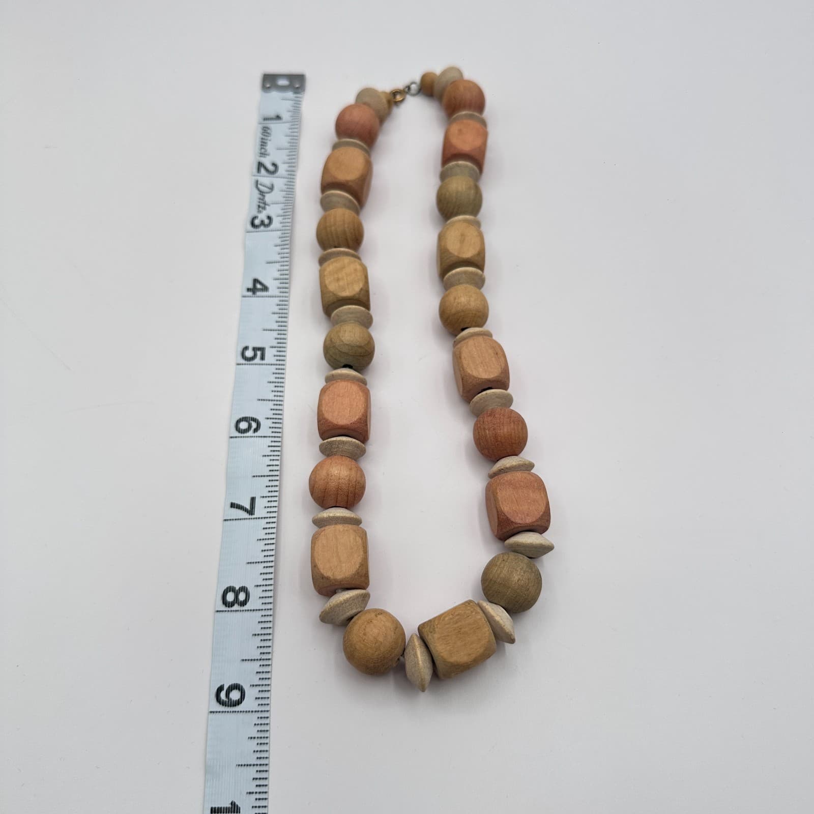 Vintage 80s Natural Wood Bead Chunky Statement Necklace Cube Round Retro Jewelry - Thumbnail 7