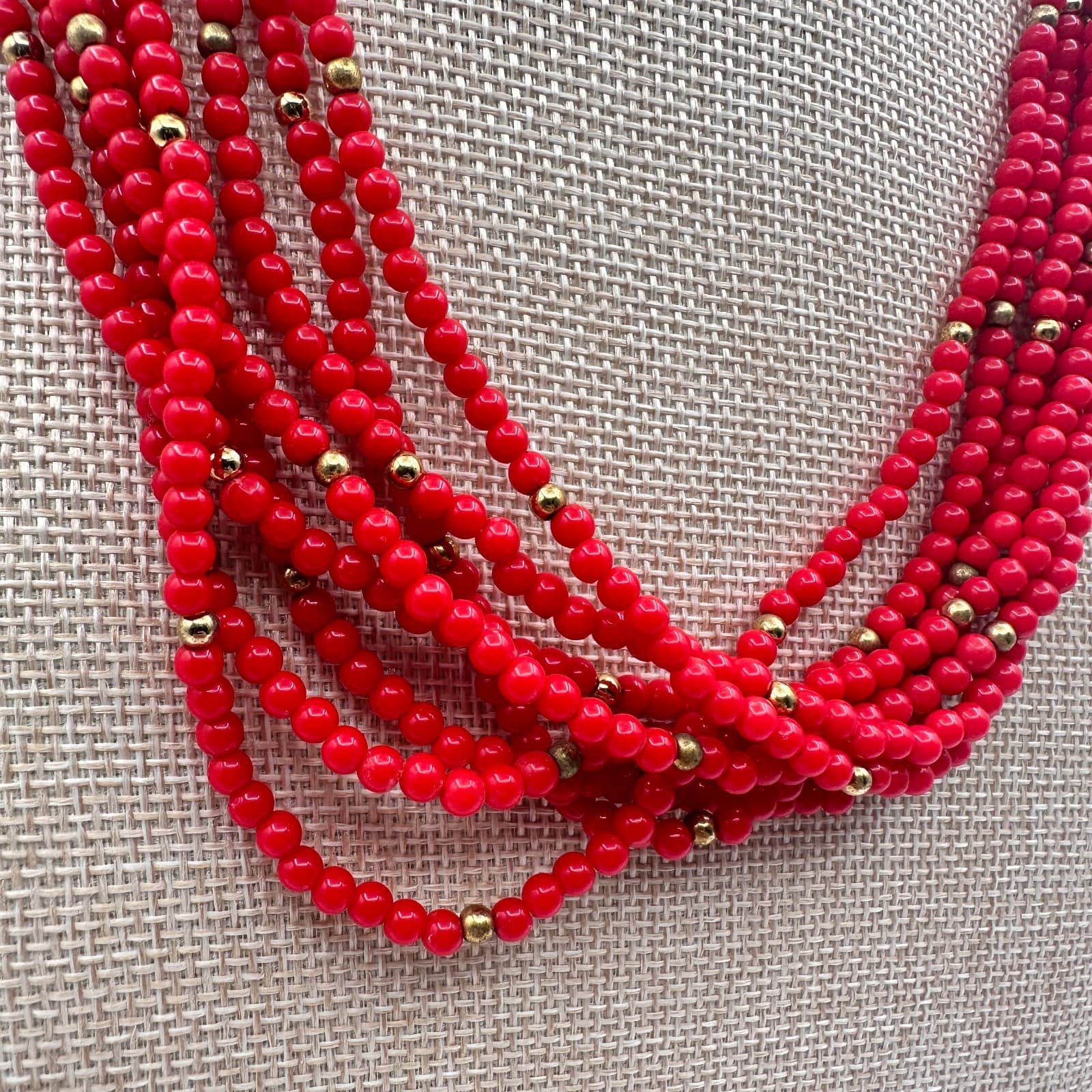 Vintage 80s Red Layered Beaded Necklace Gold Tone See Bead Statement Bib Jewelry - Thumbnail 3