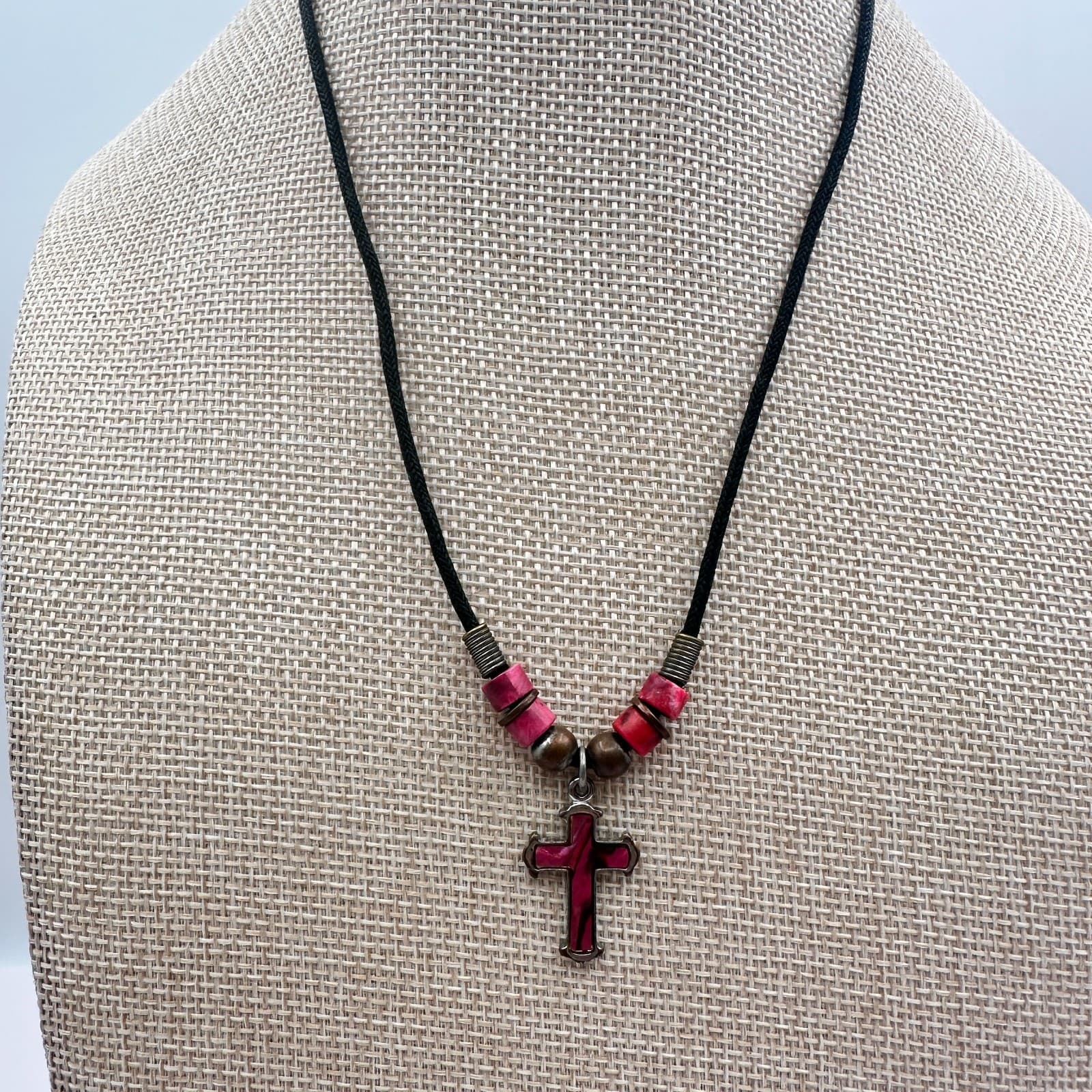 Vintage 80s Red Pink Mood Cross Necklace Black Cord Beaded Statement Jewelry - Thumbnail 7