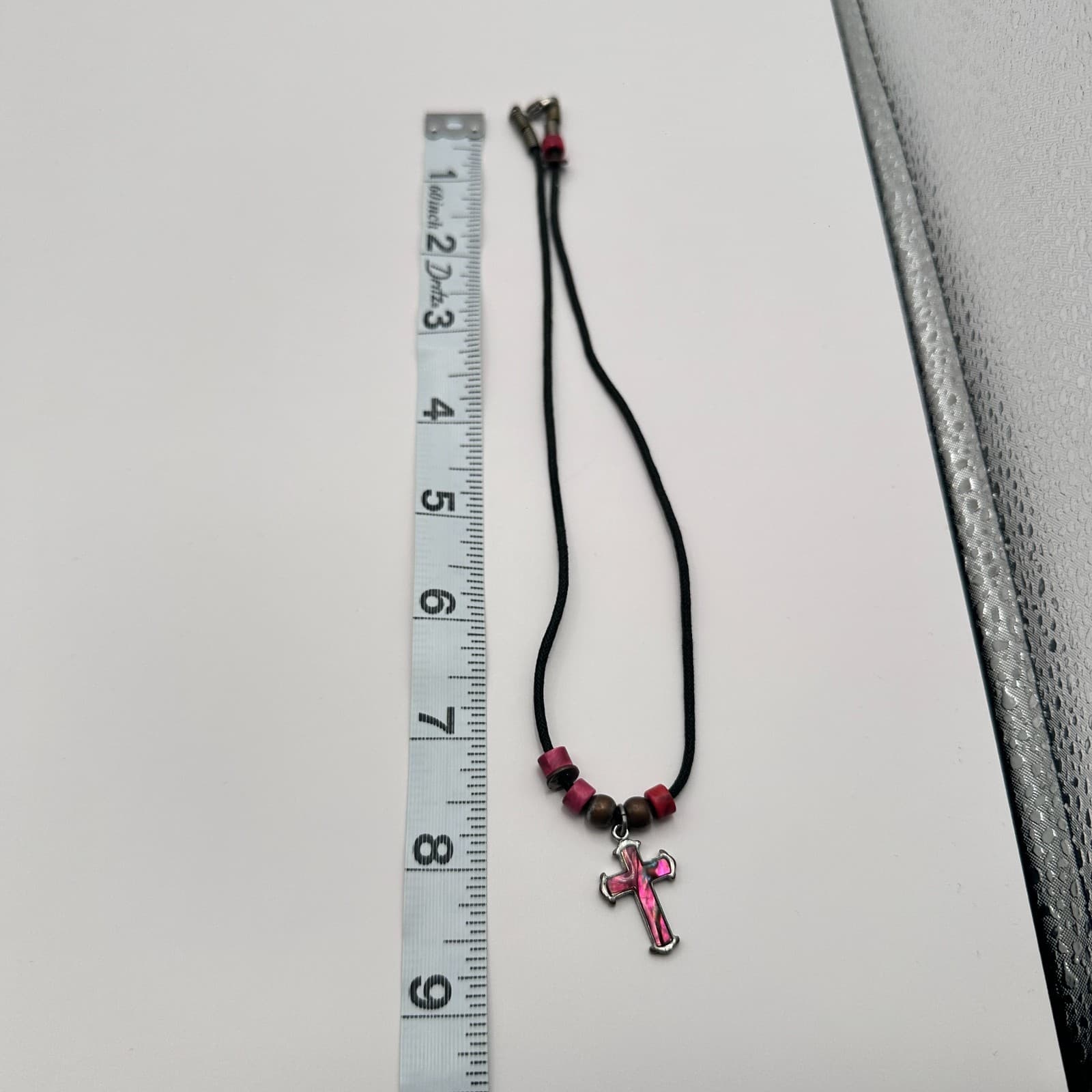 Vintage 80s Red Pink Mood Cross Necklace Black Cord Beaded Statement Jewelry - Thumbnail 11