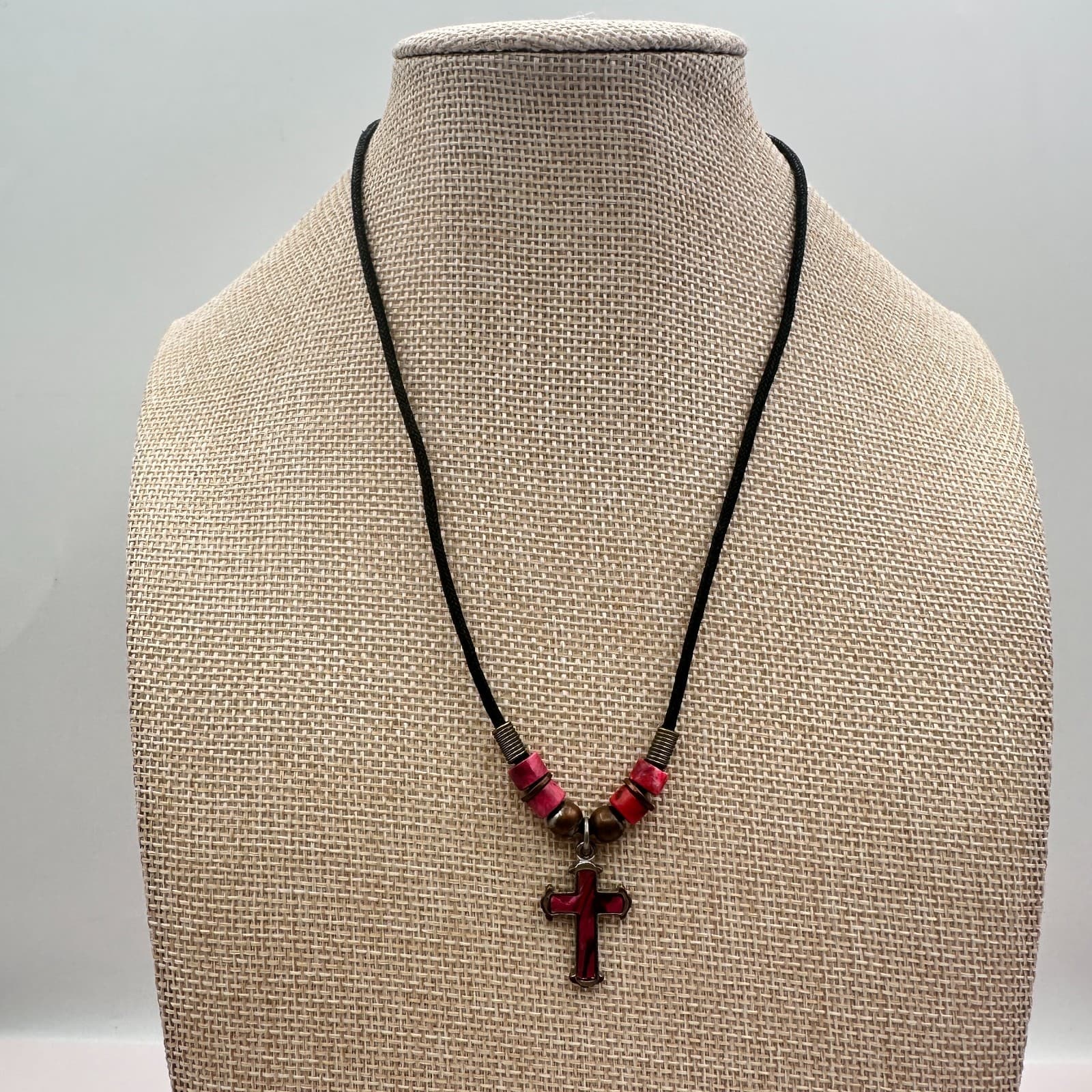 Vintage 80s Red Pink Mood Cross Necklace Black Cord Beaded Statement Jewelry - Thumbnail 2