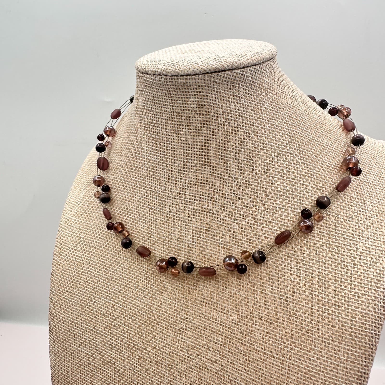 Vintage Y2K Multi Strand Plum Bronze Beaded Illusion Necklace Earthy Jewelry - Thumbnail 7
