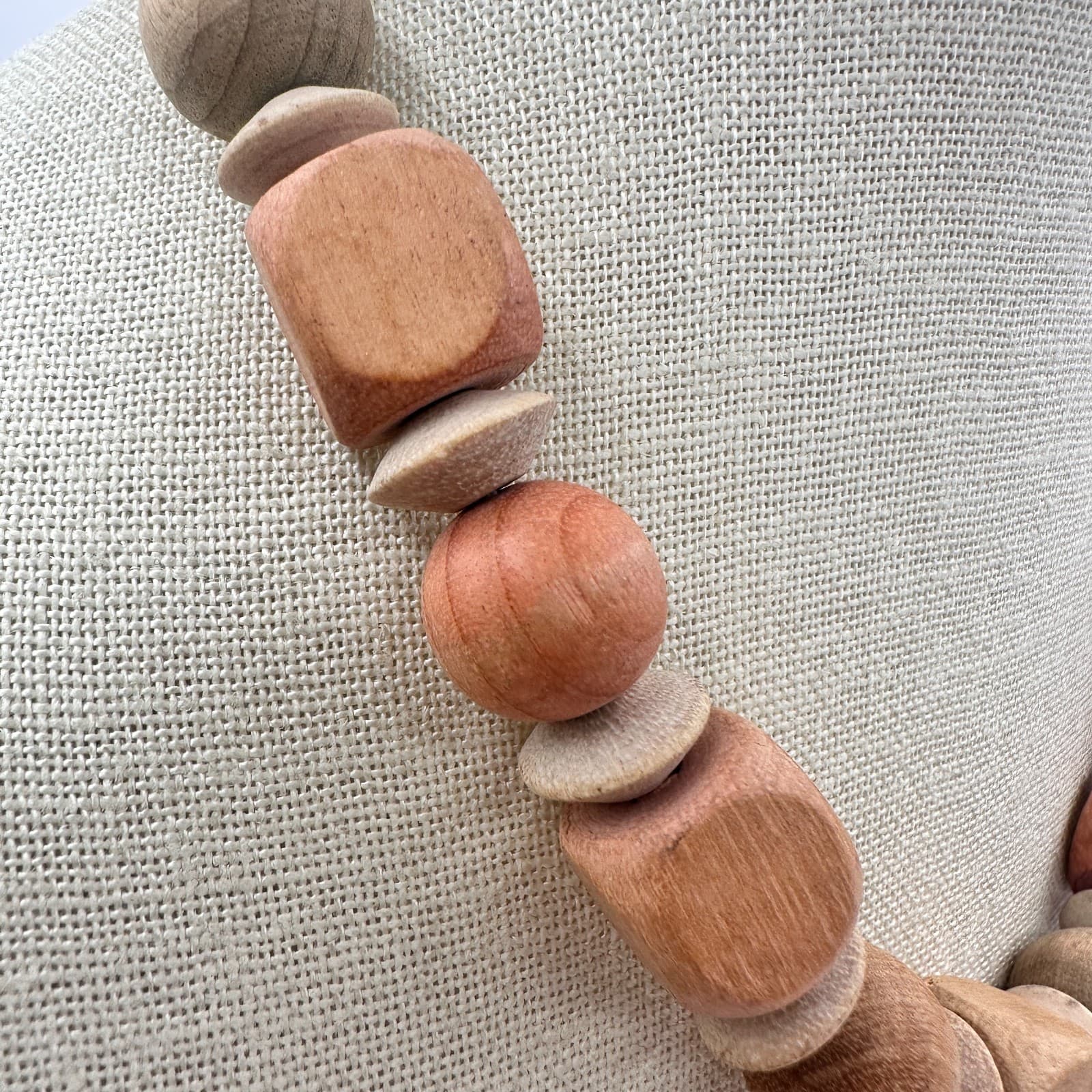 Vintage 80s Natural Wood Bead Chunky Statement Necklace Cube Round Retro Jewelry - Thumbnail 3