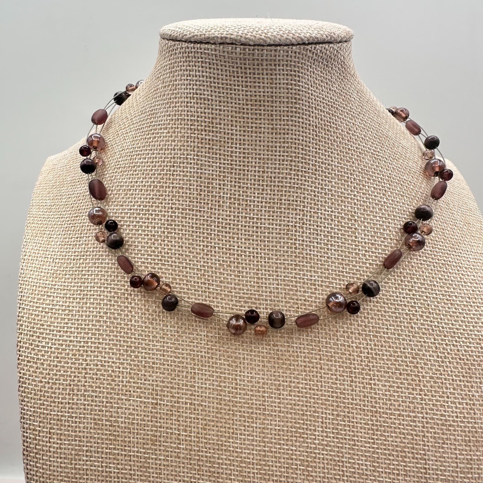 Vintage Y2K Multi Strand Plum Bronze Beaded Illusion Necklace Earthy Jewelry - Thumbnail 2
