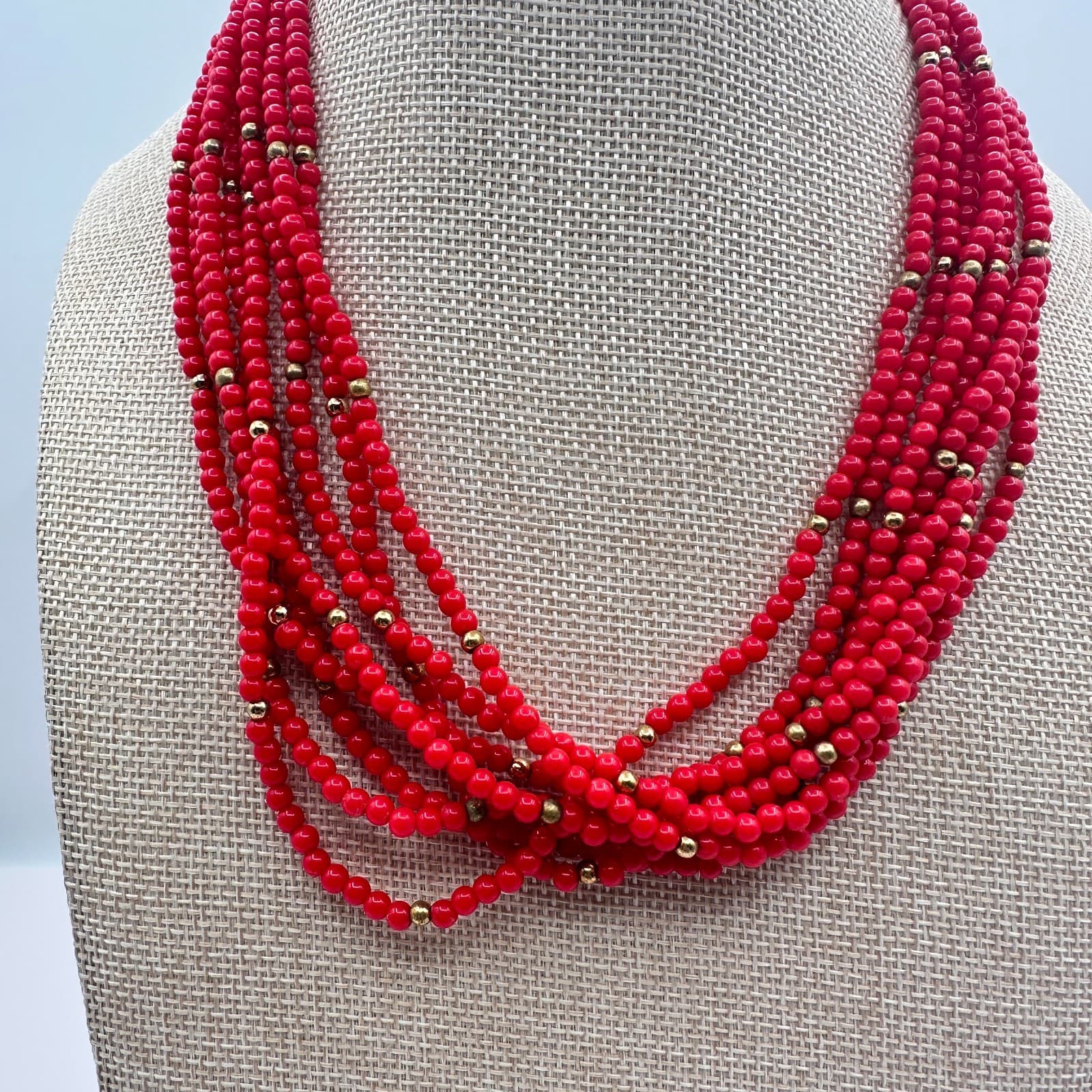 Vintage 80s Red Layered Beaded Necklace Gold Tone See Bead Statement Bib Jewelry - Thumbnail 2