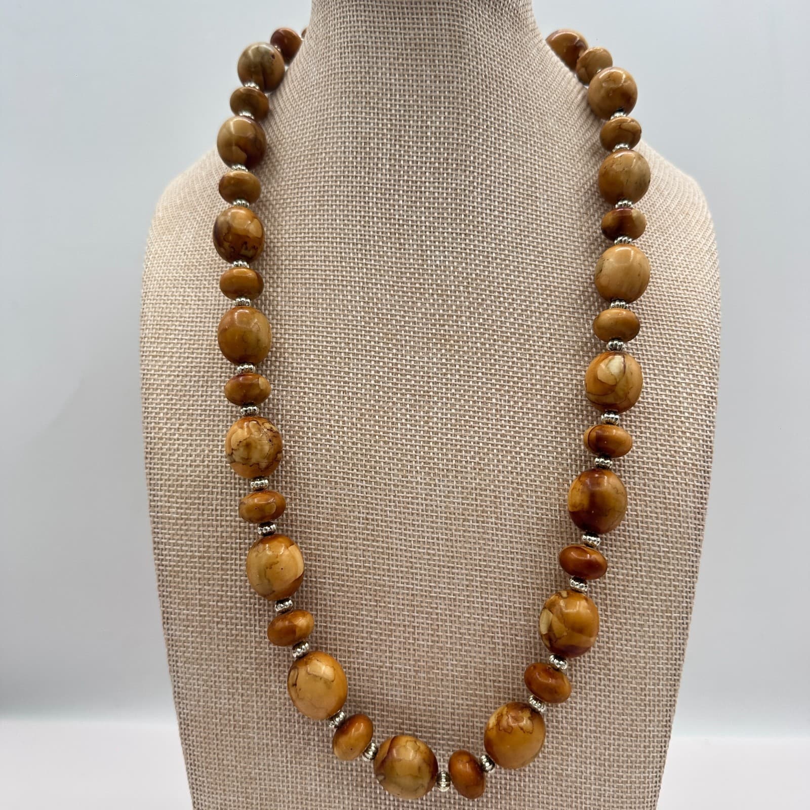 Vintage 70s Butterscotch Jasper Silver Tone Beaded Necklace Statement Jewelry - Thumbnail 9