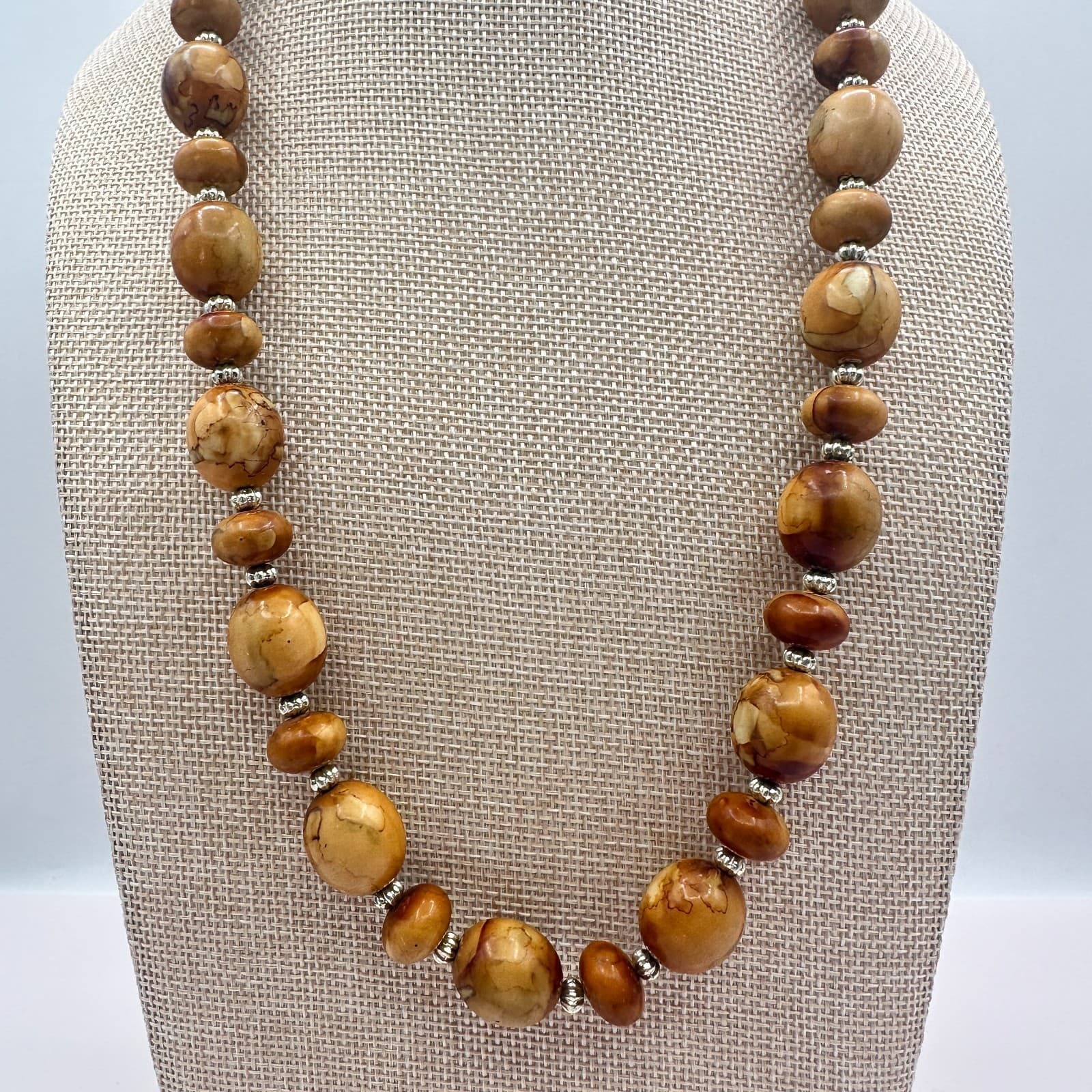 Vintage 70s Butterscotch Jasper Silver Tone Beaded Necklace Statement Jewelry - Thumbnail 4