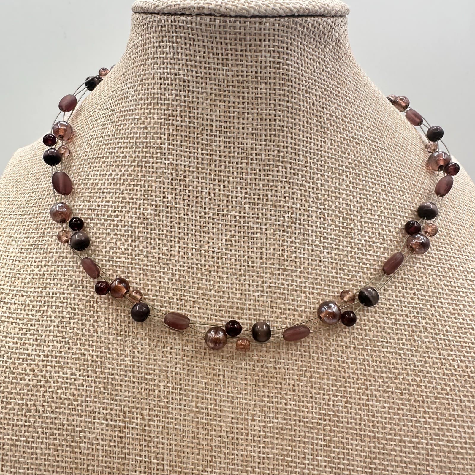 Vintage Y2K Multi Strand Plum Bronze Beaded Illusion Necklace Earthy Jewelry - Thumbnail 3