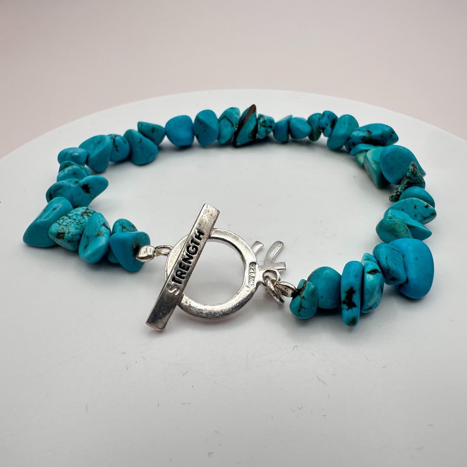 Vintage 90s Silver Tone Turquoise Nugget Bracelet Strength Women's Jewelry - Thumbnail 5