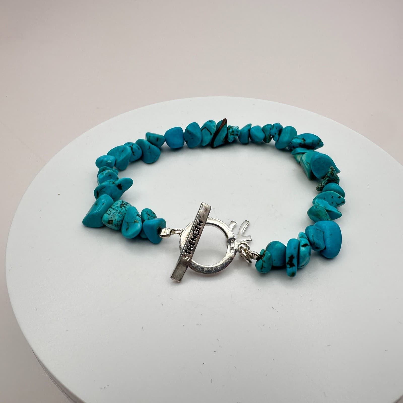 Vintage 90s Silver Tone Turquoise Nugget Bracelet Strength Women's Jewelry - Thumbnail 2