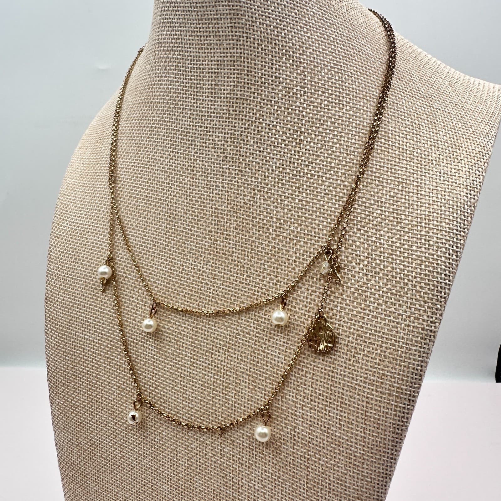 Vintage 90s Gold Tone Double Layer Chain Pearl Charm Station Necklace Jewelry - Thumbnail 6