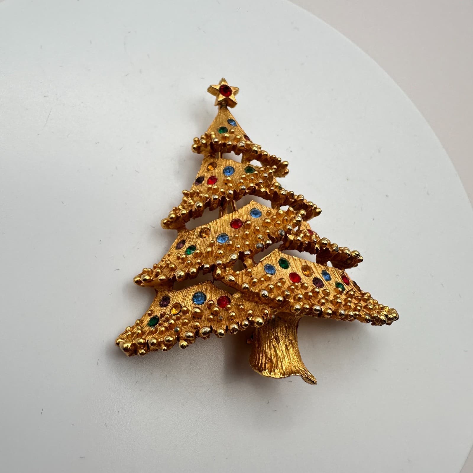 Vintage 90s Christmas Tree Rhinestone Brooch Pin Gold Tone Fashion Jewelry - Thumbnail 5