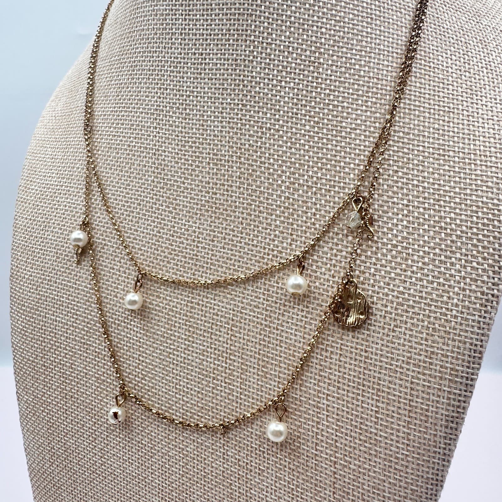 Vintage 90s Gold Tone Double Layer Chain Pearl Charm Station Necklace Jewelry - Thumbnail 5