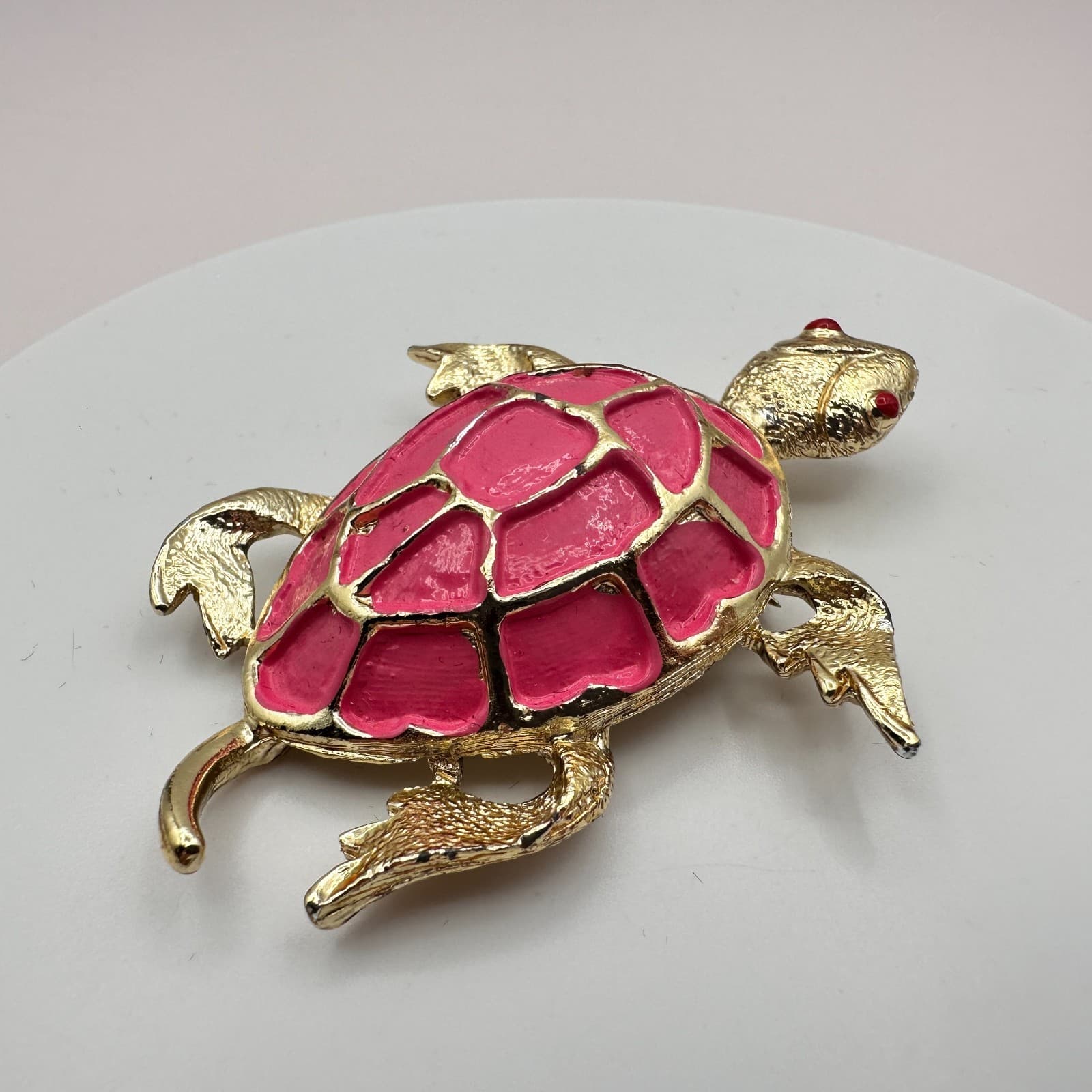 Vintage Y2K Pink Enamel Turtle Brooch Pin Gold Tone Red Eyes Statement Jewelry - Thumbnail 3