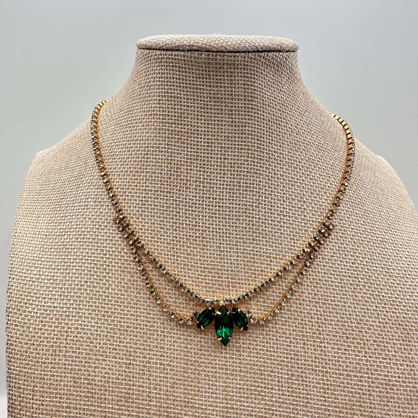 Vintage 90s Gold Tone Double Strand Clear Glass Emerald Green Marquise Necklace - Thumbnail 2