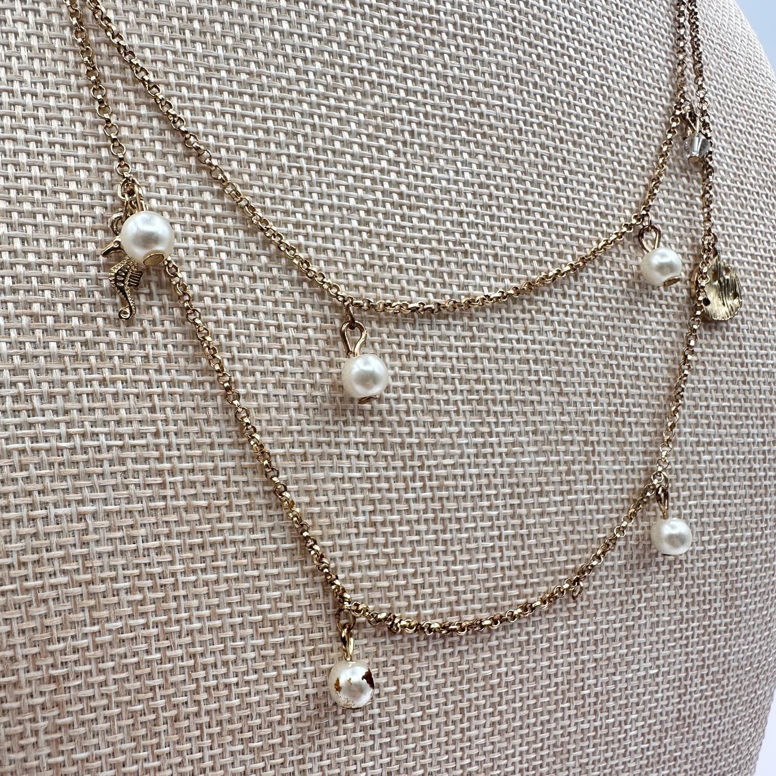 Vintage 90s Gold Tone Double Layer Chain Pearl Charm Station Necklace Jewelry - Thumbnail 4
