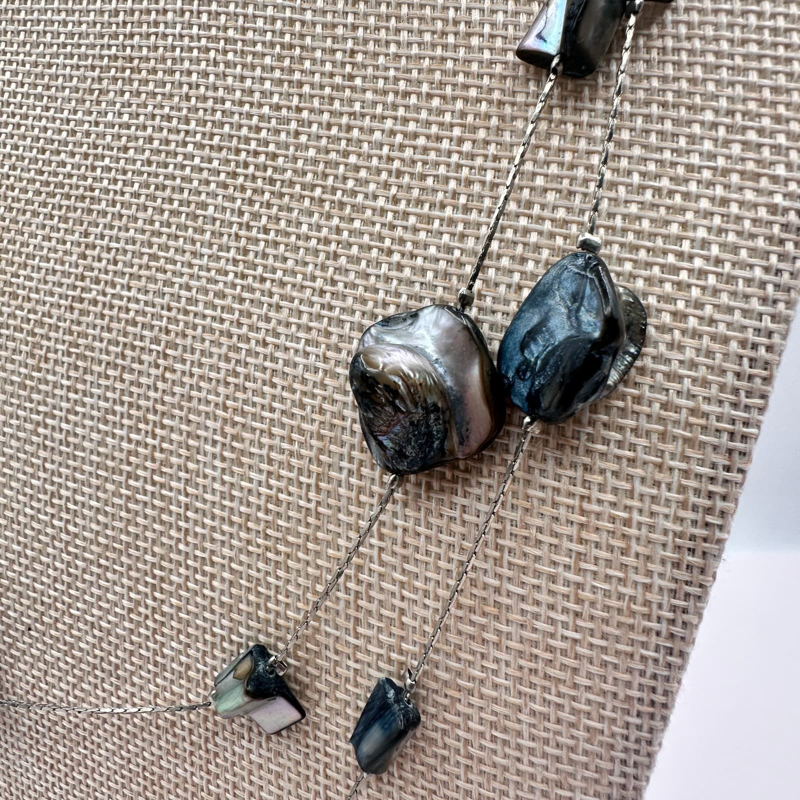 Vintage 90s Silver Tone Double Strand Iridescent Shell Necklace Women's Jewelry - Thumbnail 7