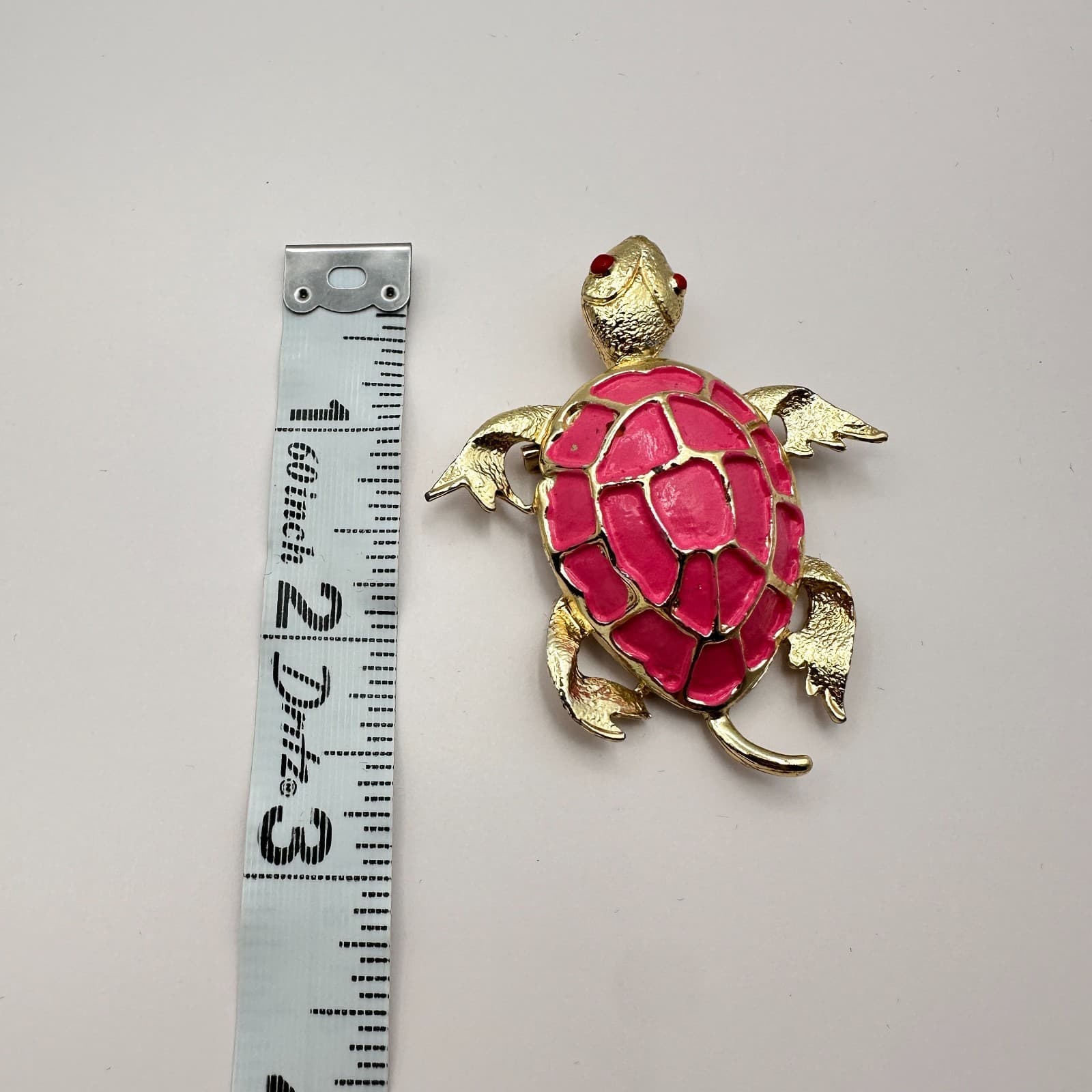 Vintage Y2K Pink Enamel Turtle Brooch Pin Gold Tone Red Eyes Statement Jewelry - Thumbnail 8