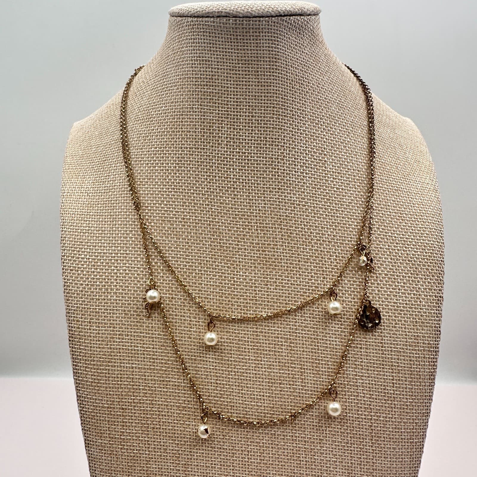 Vintage 90s Gold Tone Double Layer Chain Pearl Charm Station Necklace Jewelry - Thumbnail 7
