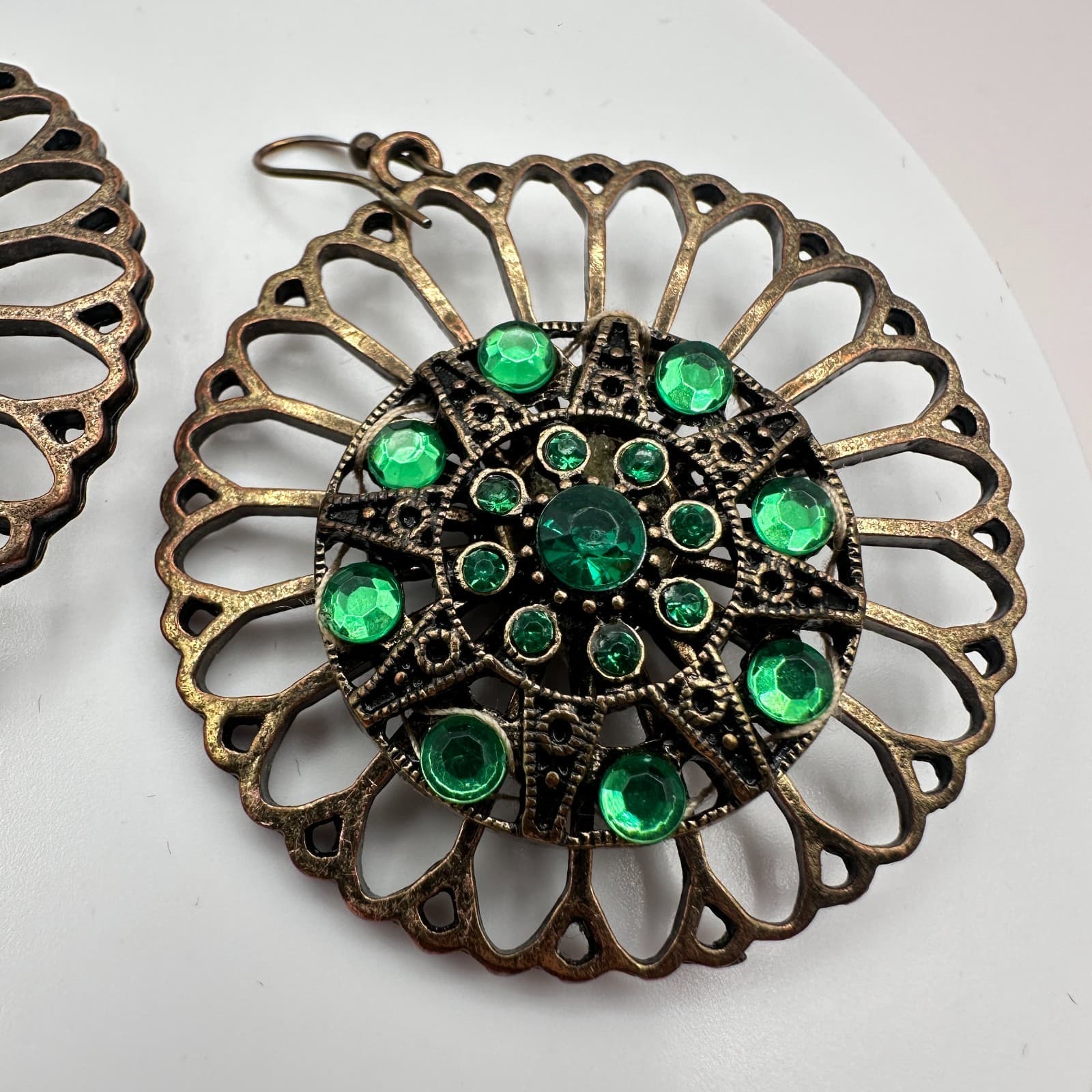 Vintage 90s Bronze Tone Green Glass Filigree Statement Drop Earrings Jewelry - Thumbnail 3