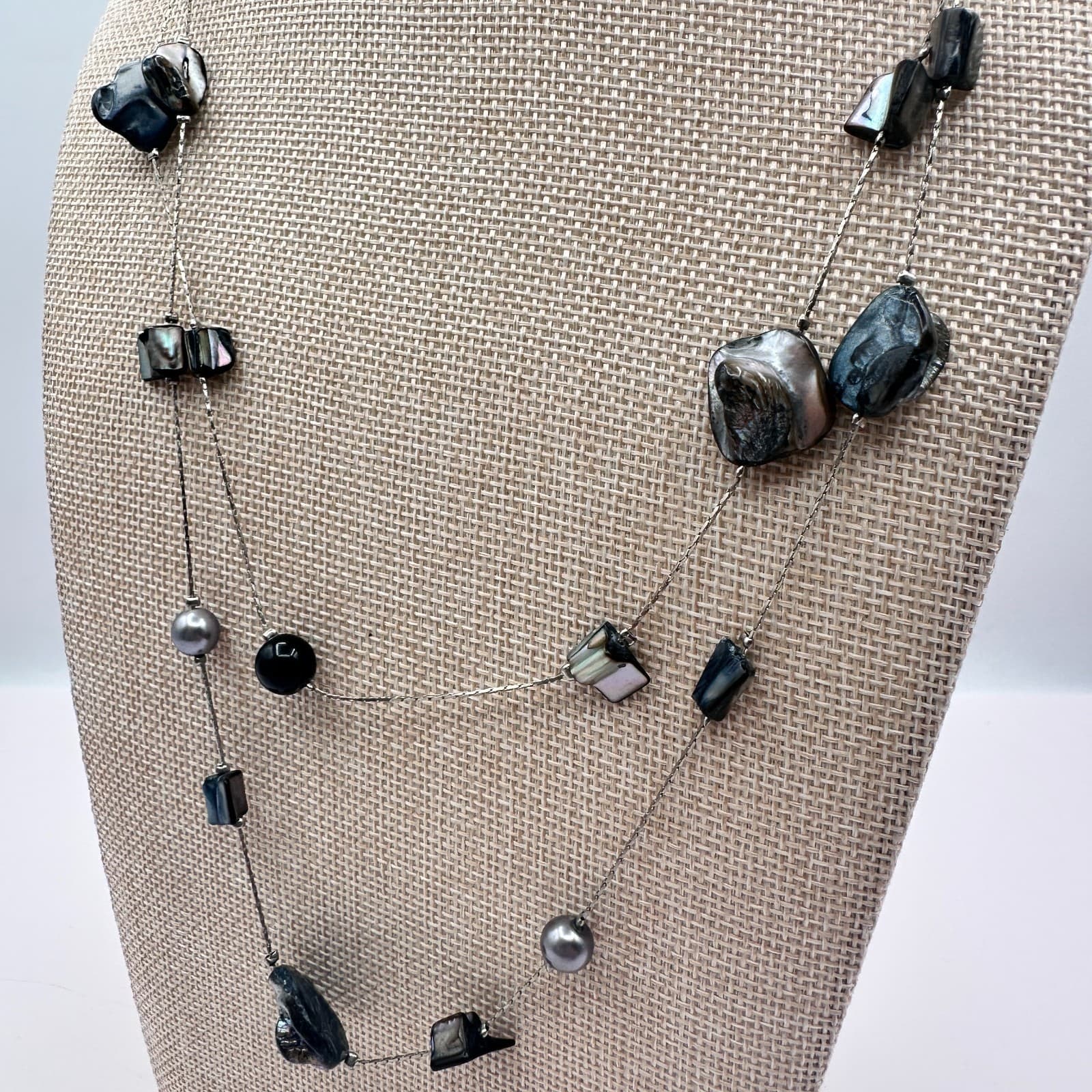 Vintage 90s Silver Tone Double Strand Iridescent Shell Necklace Women's Jewelry - Thumbnail 6