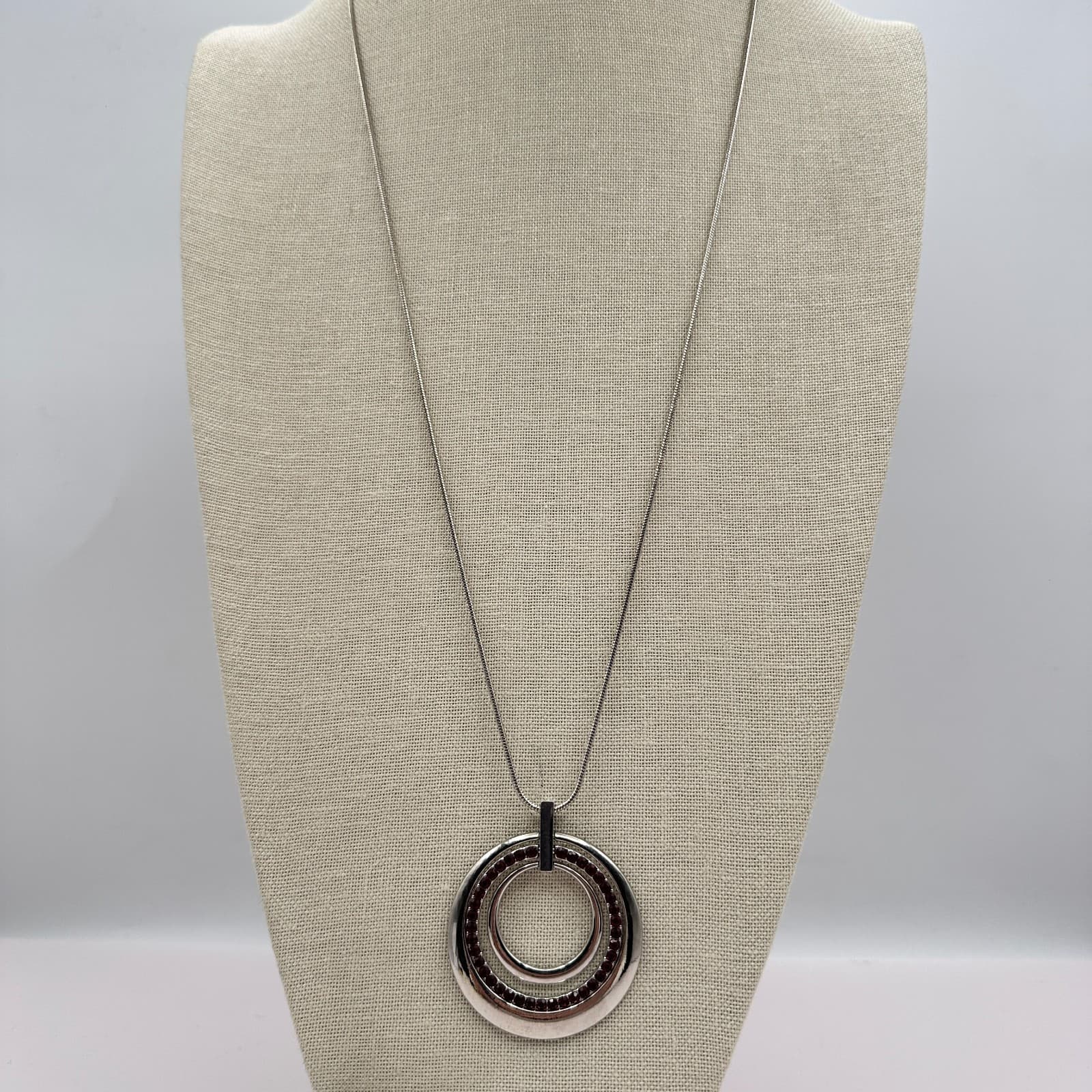 Vintage 90s Silver Tone Red Glass Double Circle Pendant Snake Chain Necklace - Thumbnail 2