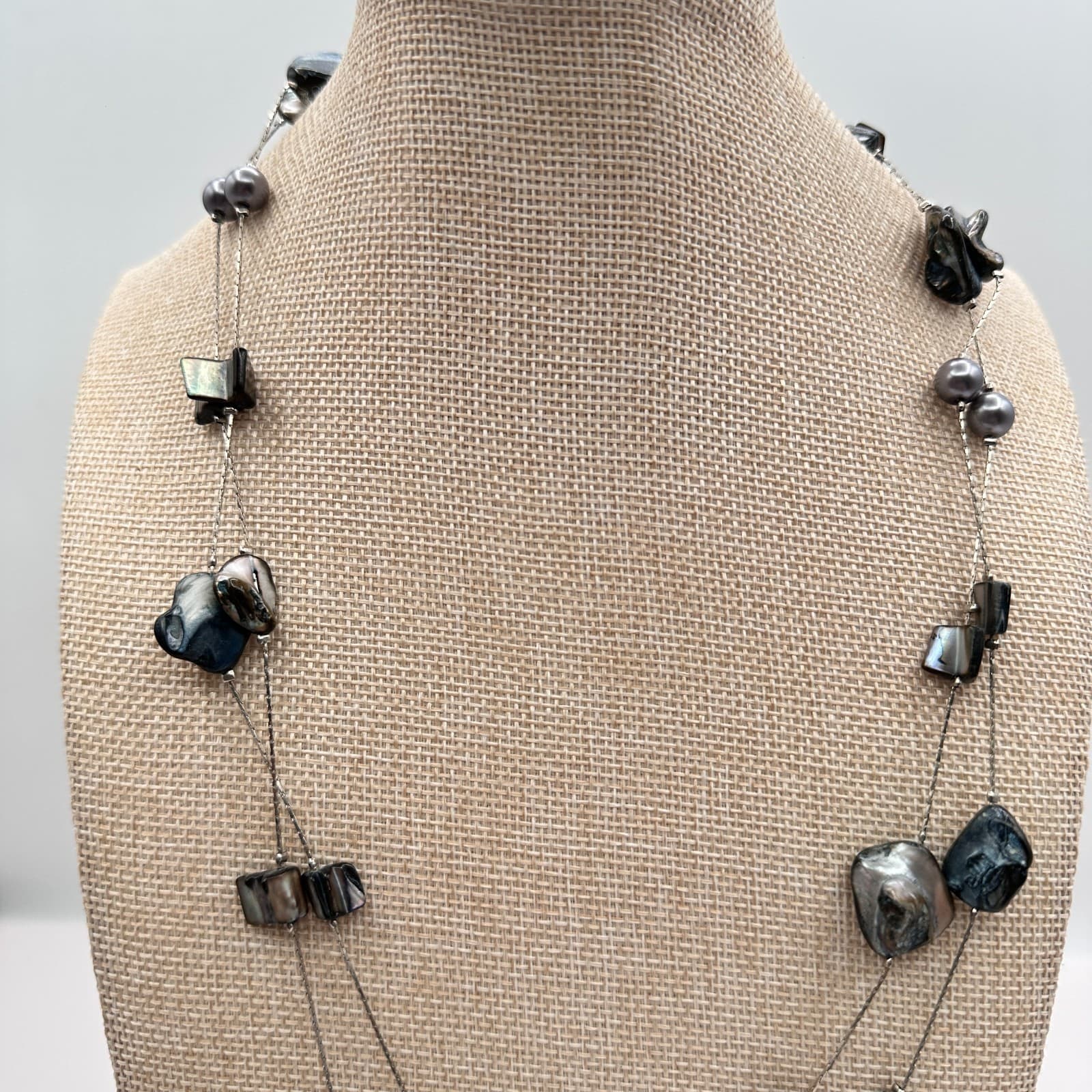 Vintage 90s Silver Tone Double Strand Iridescent Shell Necklace Women's Jewelry - Thumbnail 10