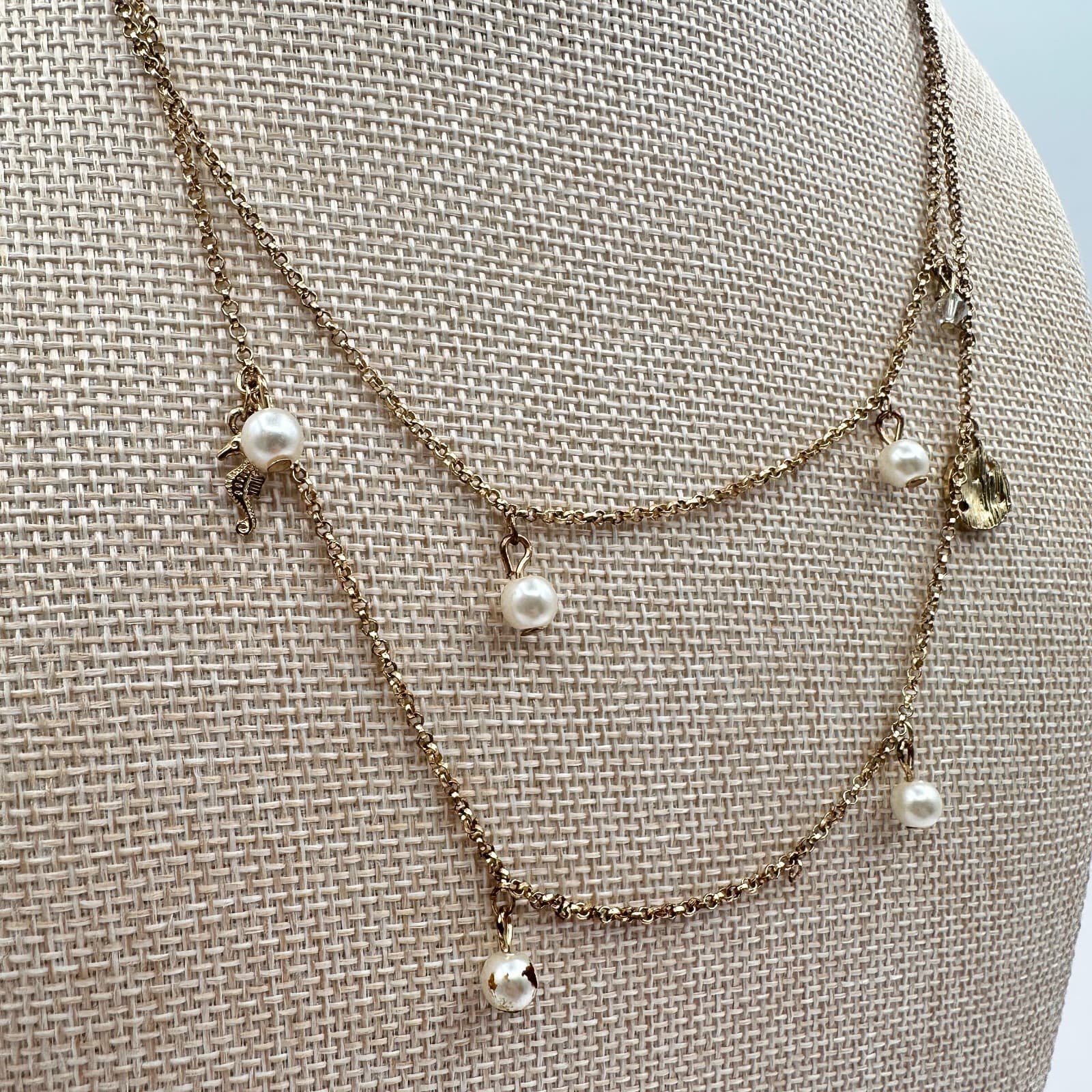 Vintage 90s Gold Tone Double Layer Chain Pearl Charm Station Necklace Jewelry - Thumbnail 3