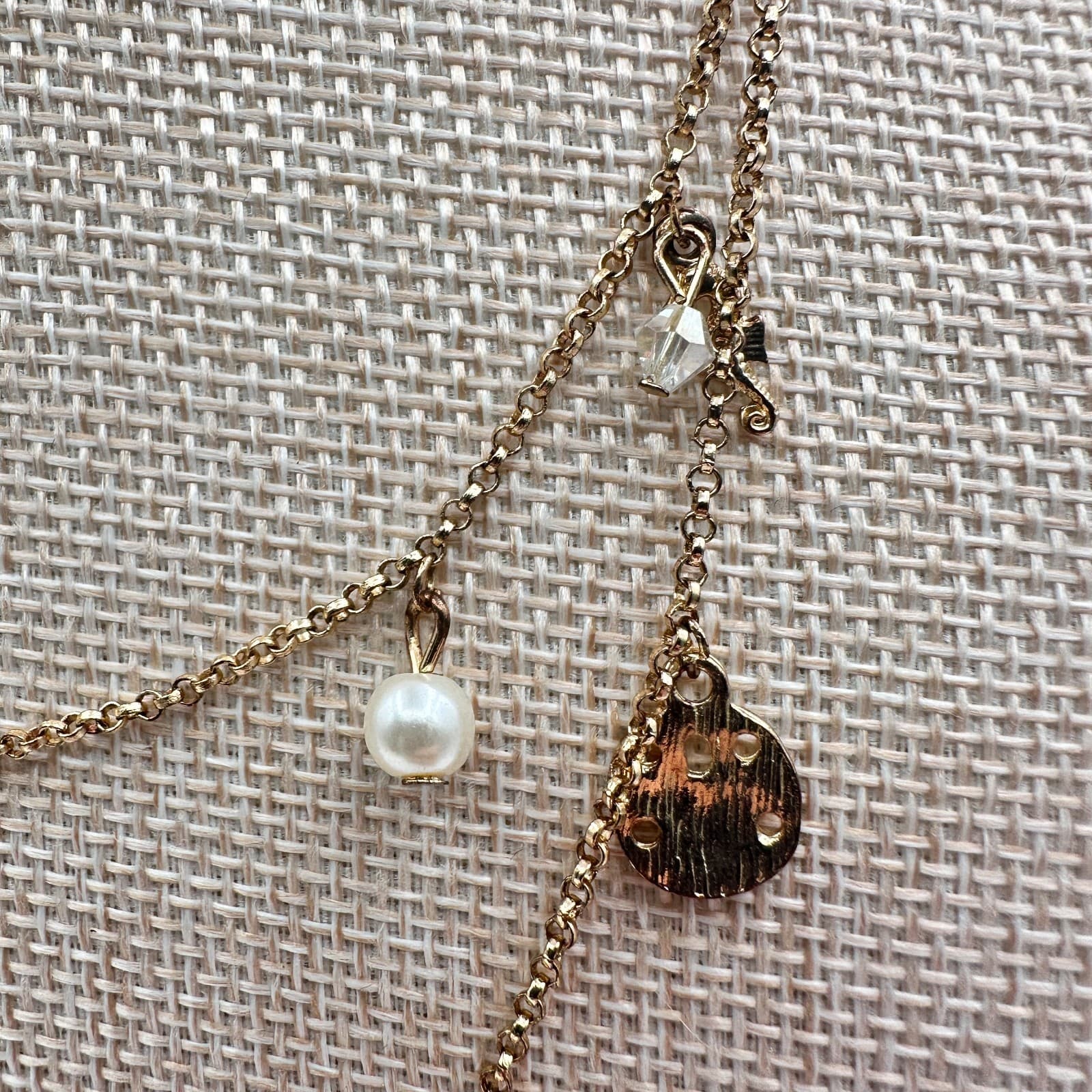 Vintage 90s Gold Tone Double Layer Chain Pearl Charm Station Necklace Jewelry - Thumbnail 8