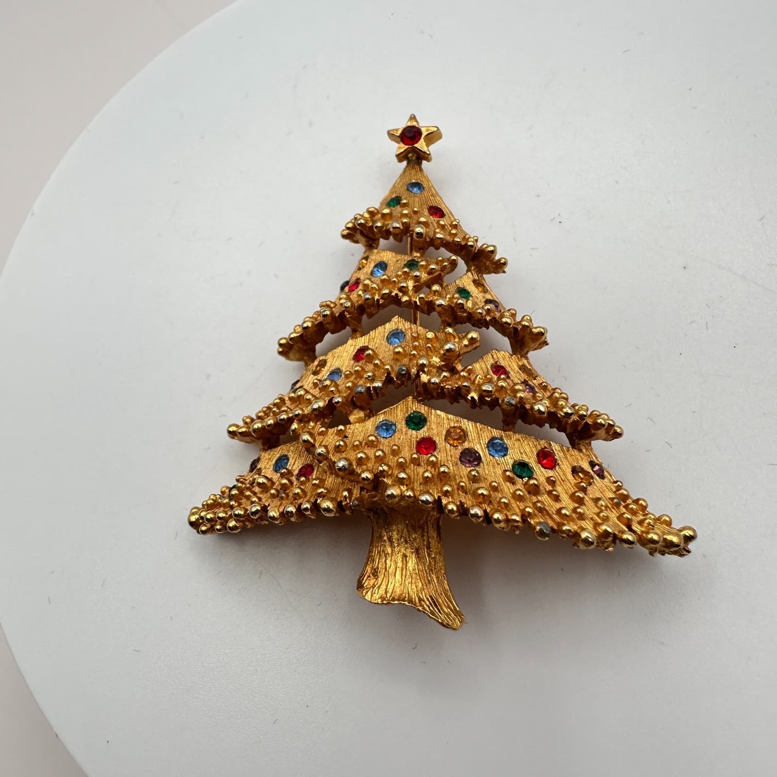 Vintage 90s Christmas Tree Rhinestone Brooch Pin Gold Tone Fashion Jewelry - Thumbnail 6