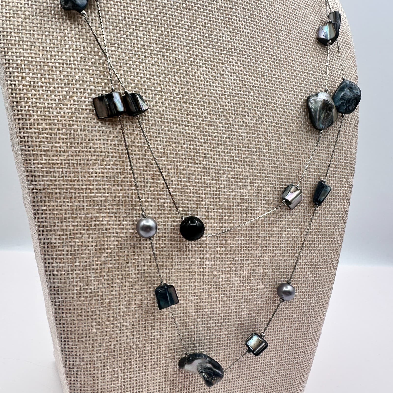 Vintage 90s Silver Tone Double Strand Iridescent Shell Necklace Women's Jewelry - Thumbnail 5
