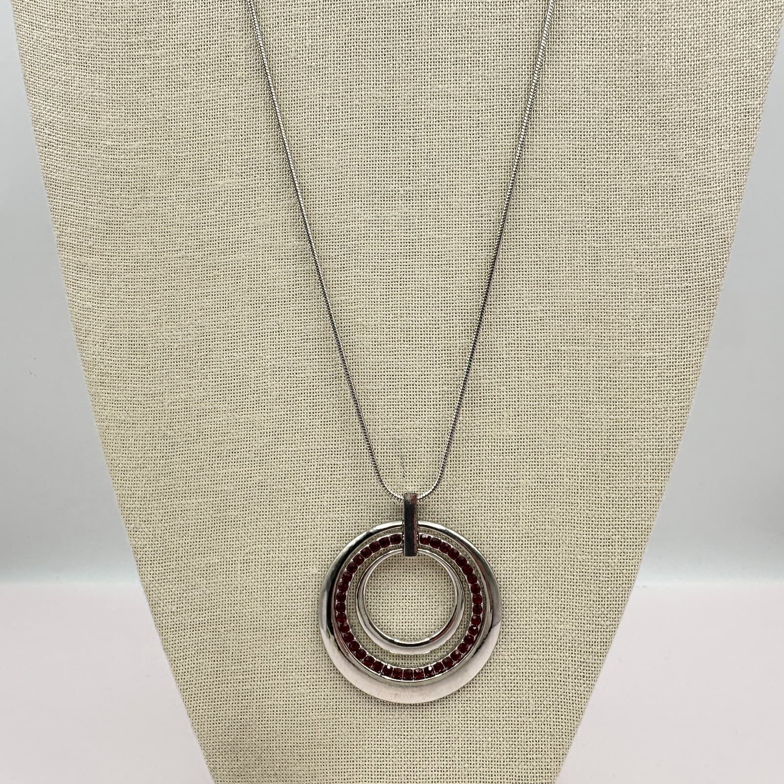 Vintage 90s Silver Tone Red Glass Double Circle Pendant Snake Chain Necklace - Thumbnail 6