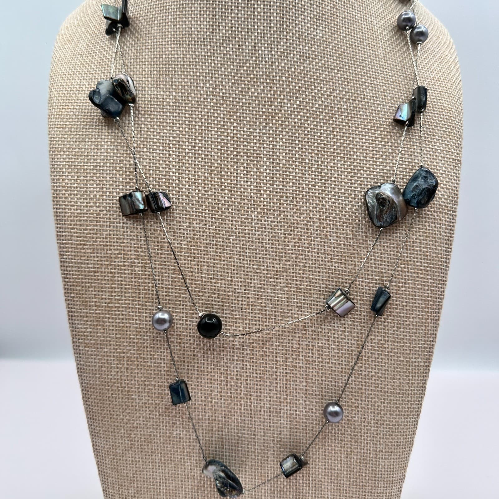 Vintage 90s Silver Tone Double Strand Iridescent Shell Necklace Women's Jewelry - Thumbnail 9