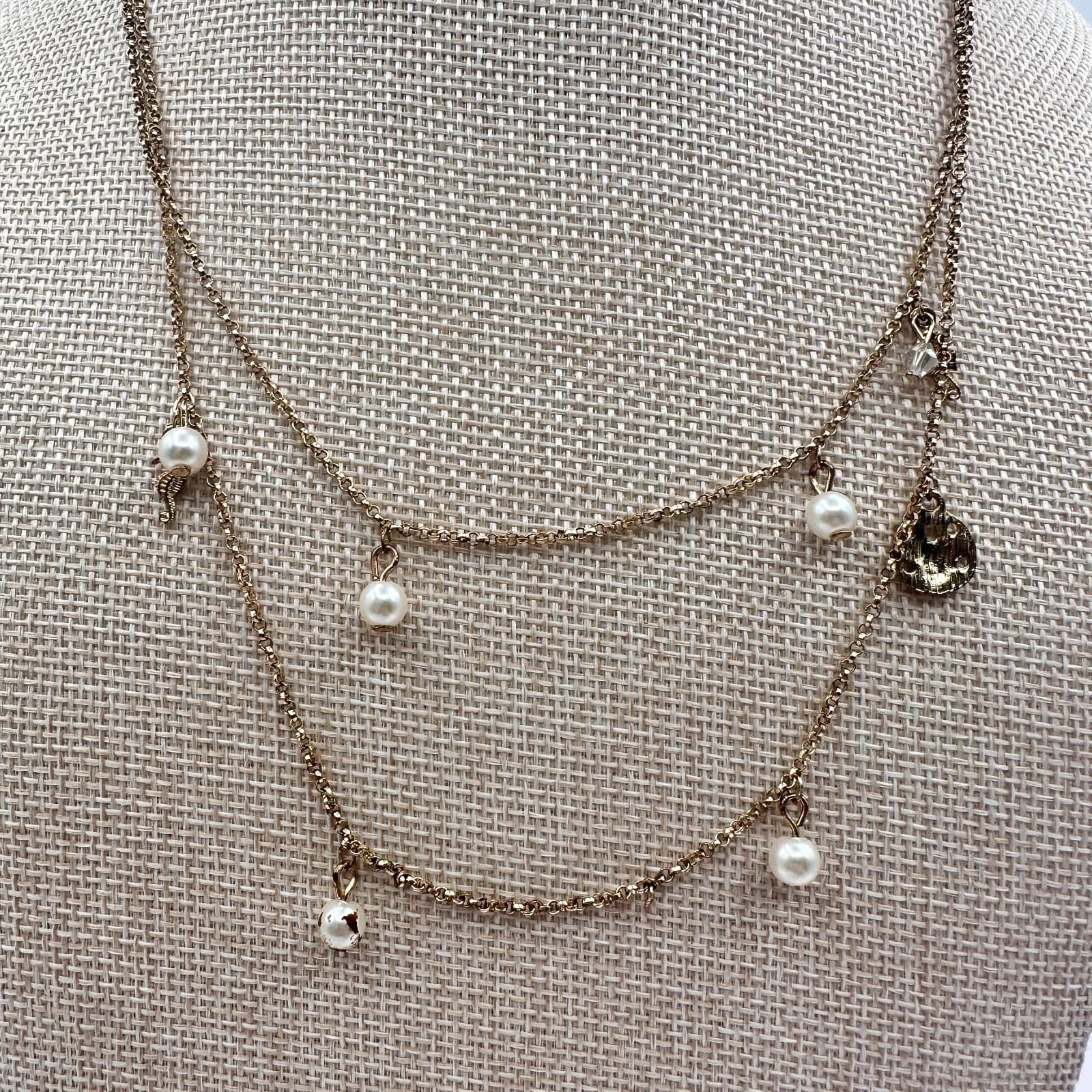 Vintage 90s Gold Tone Double Layer Chain Pearl Charm Station Necklace Jewelry - Thumbnail 2