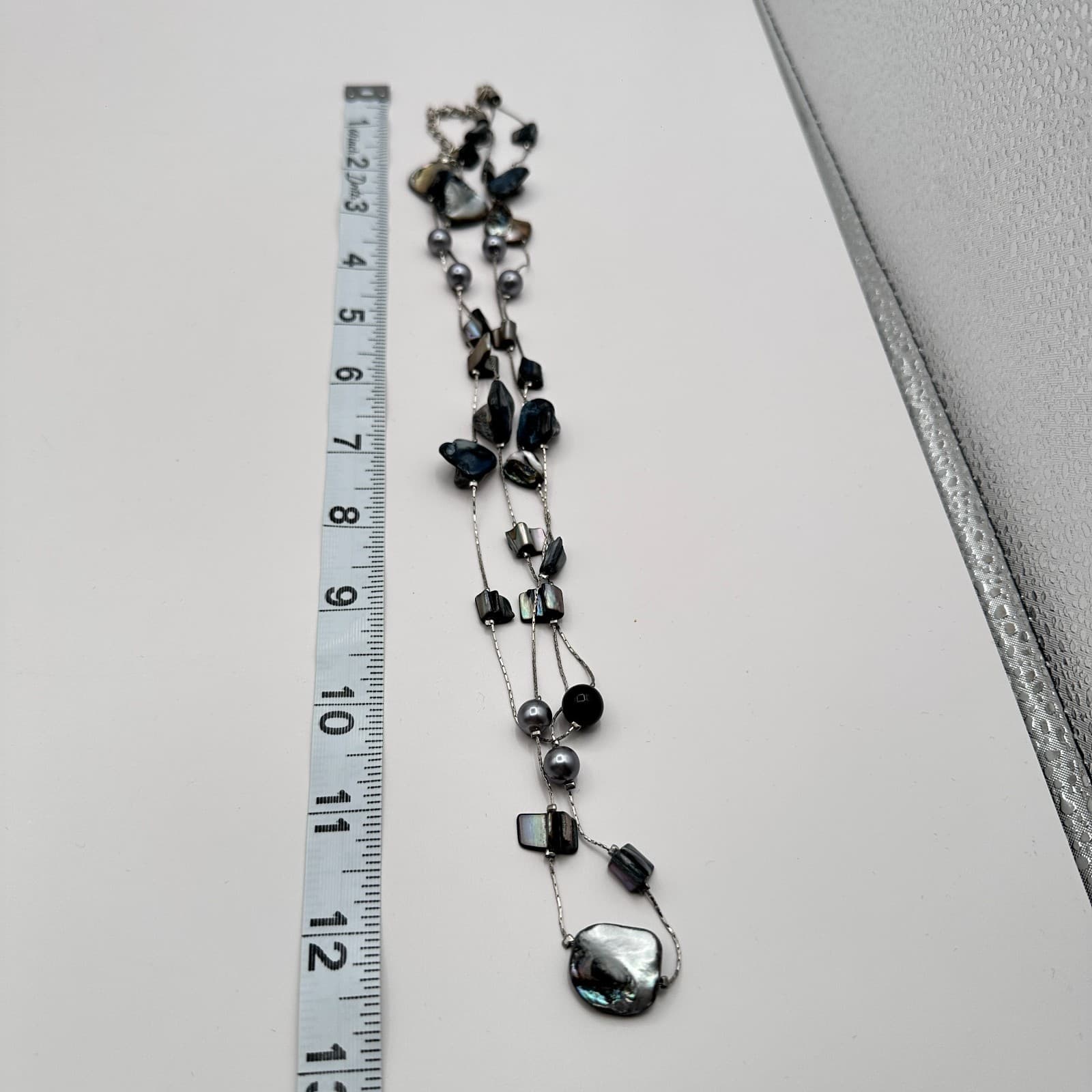 Vintage 90s Silver Tone Double Strand Iridescent Shell Necklace Women's Jewelry - Thumbnail 14