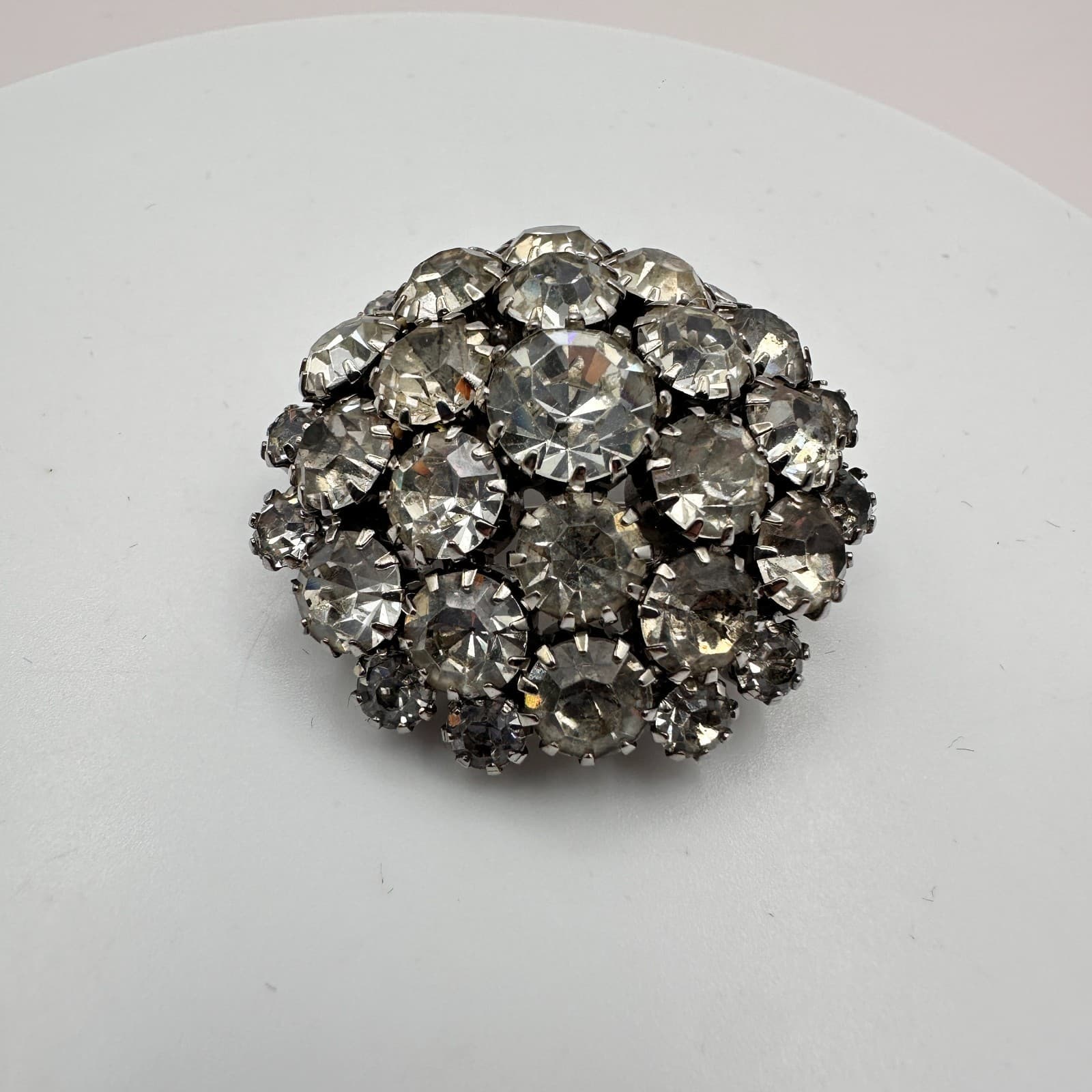Vintage 50s Mid-Century Silver Tone Round Glass Cluster Brooch Pin Sparkly - Thumbnail 3
