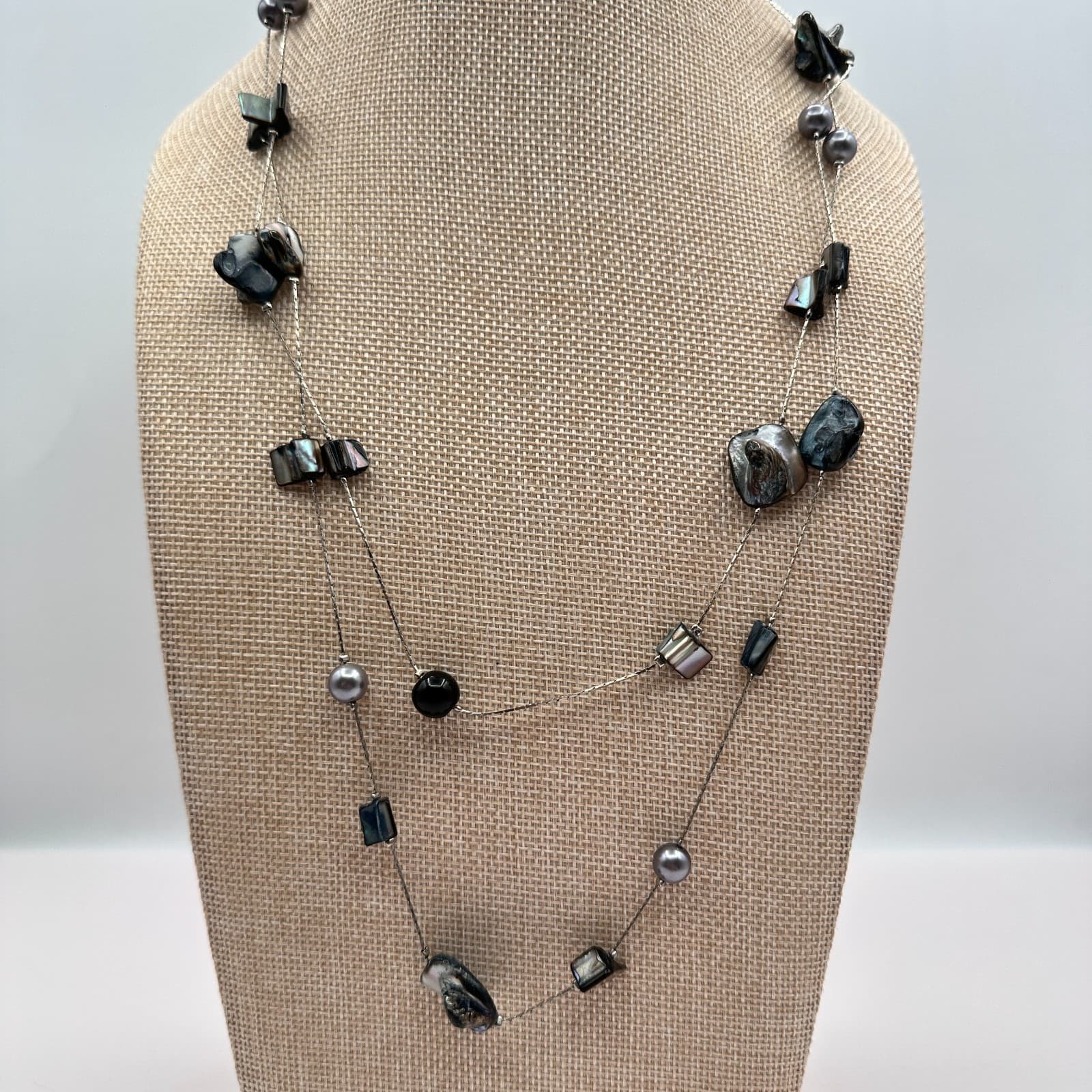Vintage 90s Silver Tone Double Strand Iridescent Shell Necklace Women's Jewelry - Thumbnail 2