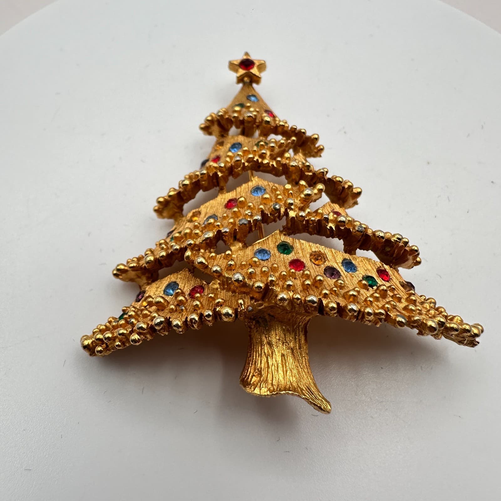 Vintage 90s Christmas Tree Rhinestone Brooch Pin Gold Tone Fashion Jewelry - Thumbnail 4