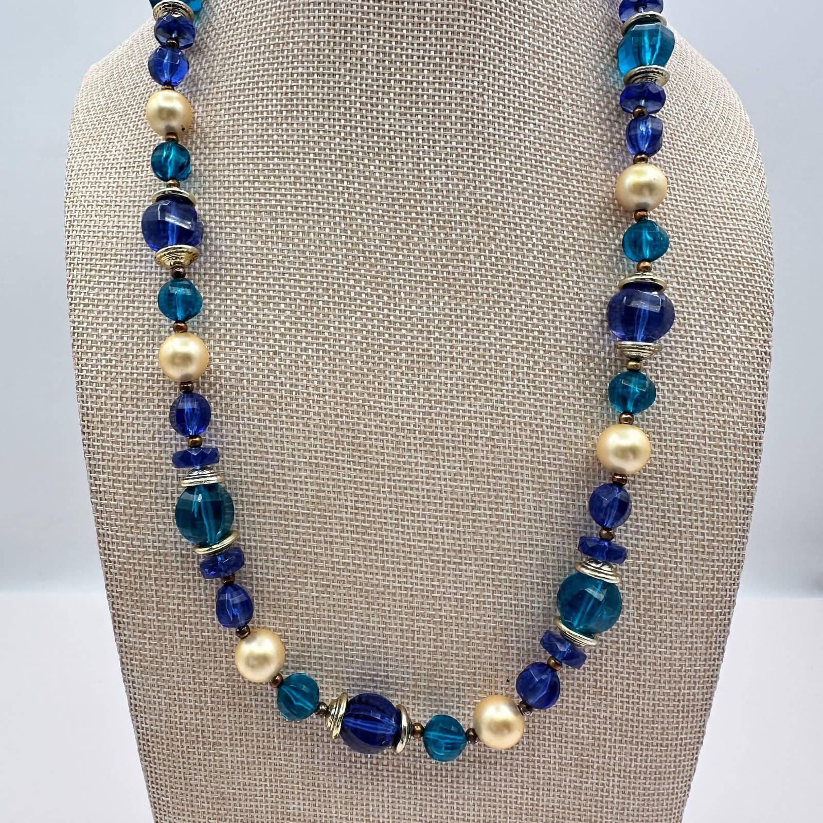 Vintage 90s Blue Glass & Faux Pearl Necklace Boho Statement Fashion Jewelry - Thumbnail 7