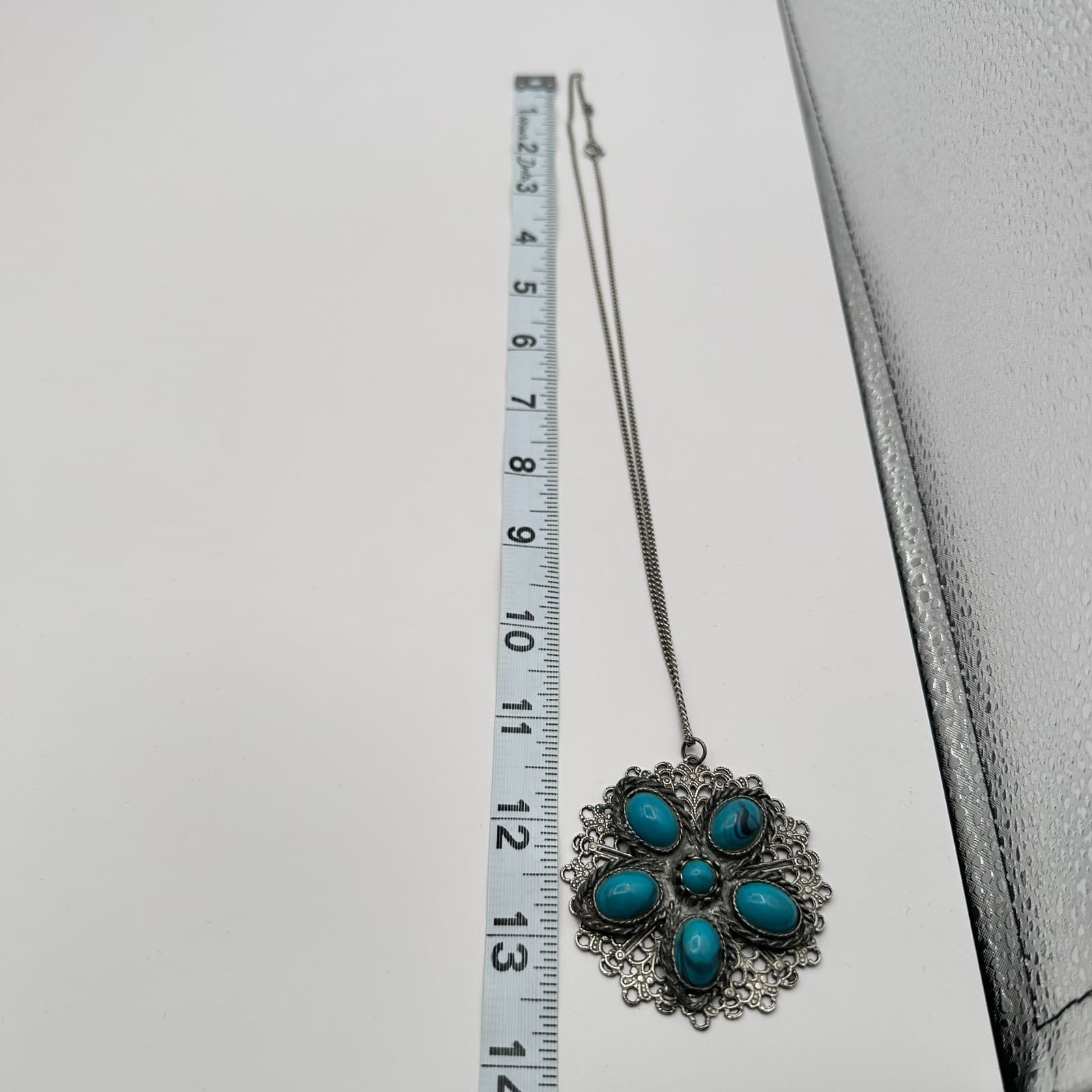 Vintage 70s Silver Tone Faux Turquoise Flower Pendant Necklace Women's Jewelry - Thumbnail 8