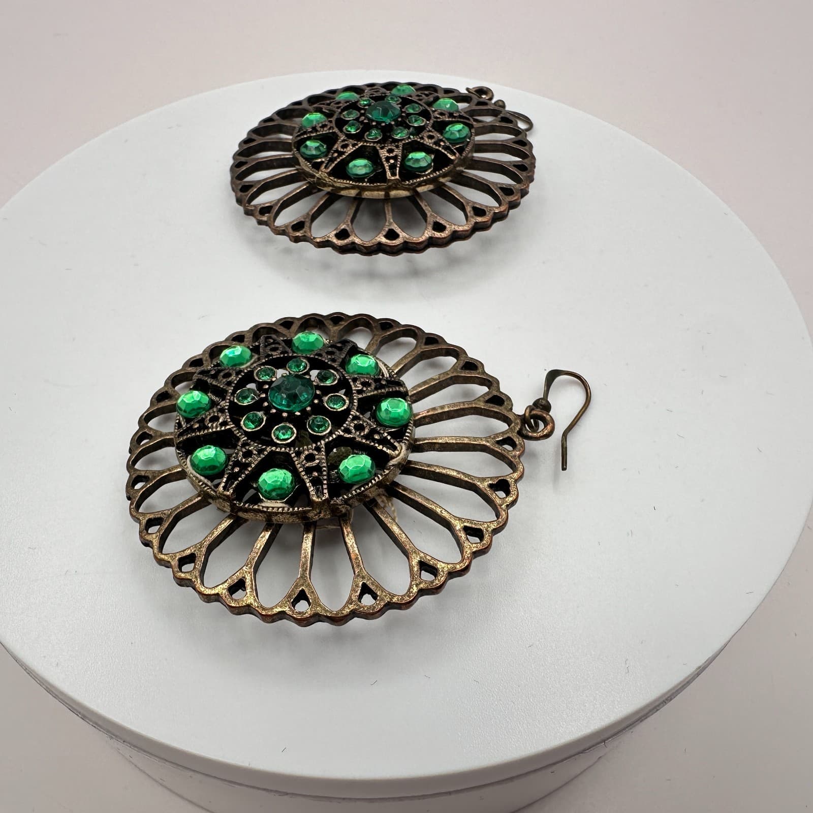 Vintage 90s Bronze Tone Green Glass Filigree Statement Drop Earrings Jewelry - Thumbnail 5