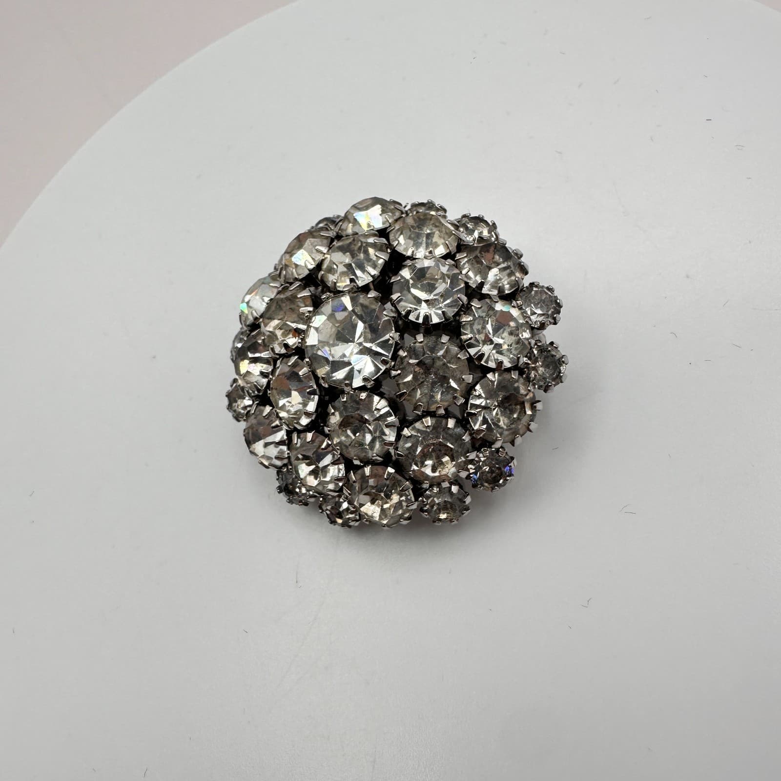 Vintage 50s Mid-Century Silver Tone Round Glass Cluster Brooch Pin Sparkly - Thumbnail 5