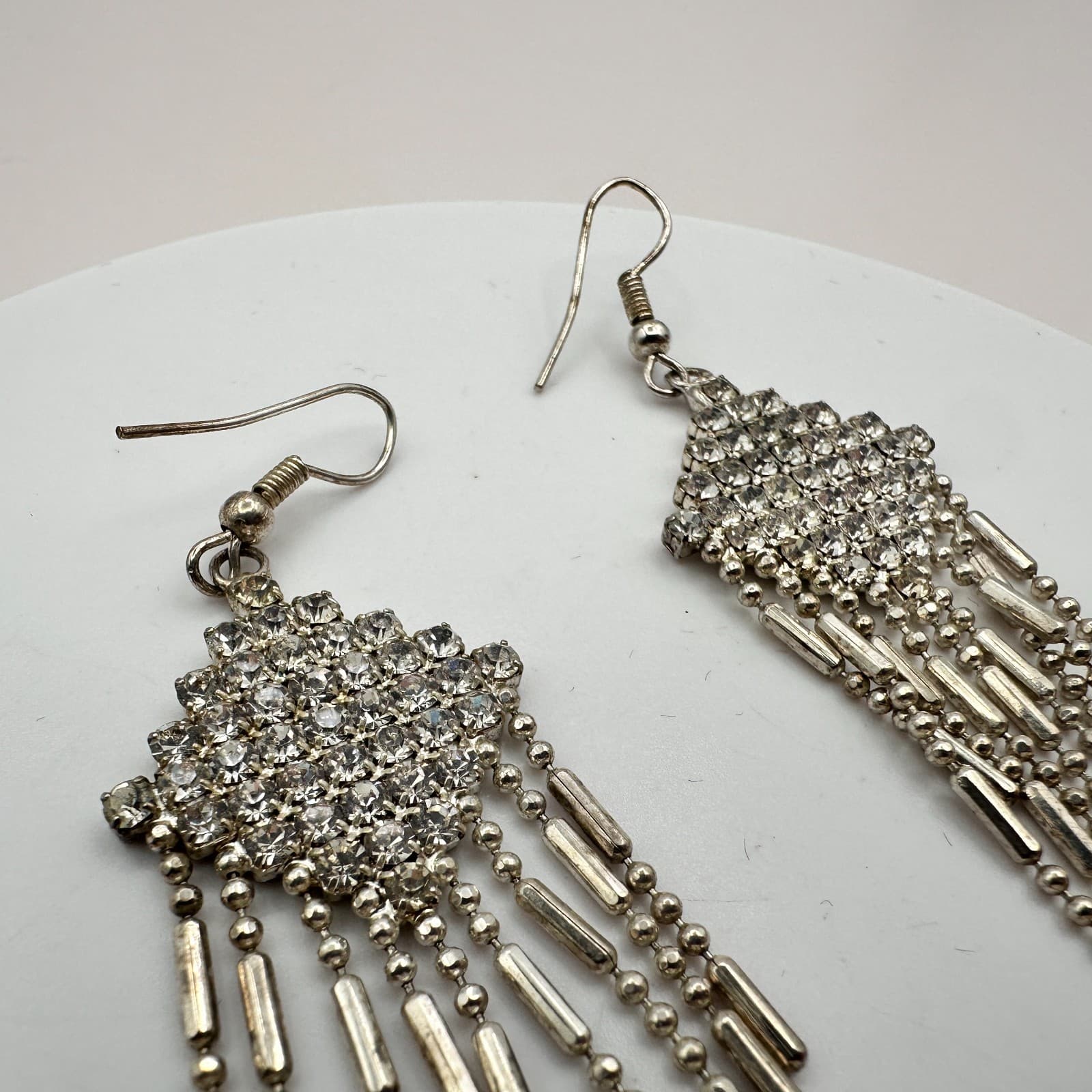 Vintage 90s Y2K Clear Rhinestone Silver Tone Tassel Chandelier Earrings Jewelry - Thumbnail 5